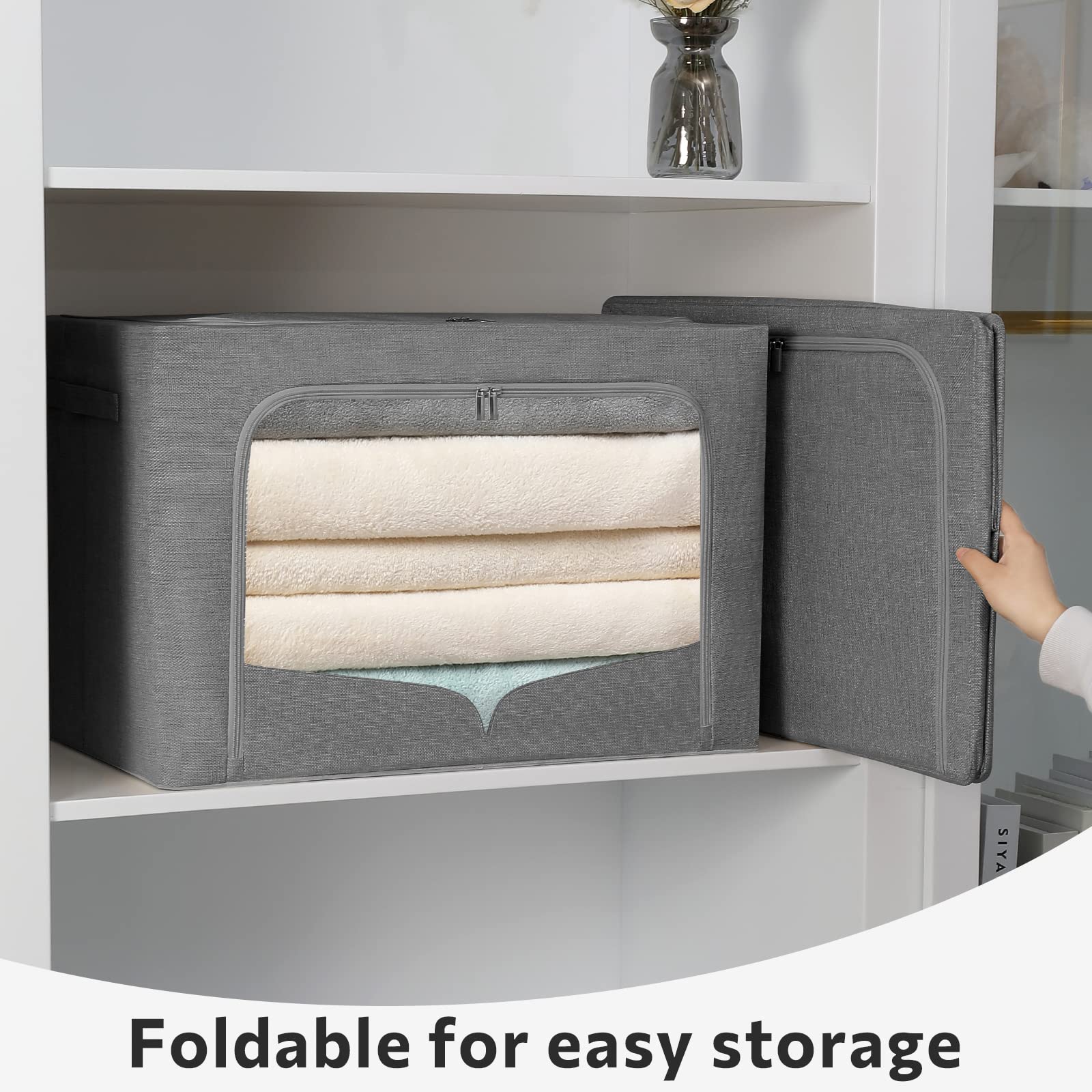 3 Pack Foldable Metal Frame Storage Bins - Stackable Linen Fabric Clothes Organizer with Clear Window & Handles (Dark Gray, 19.7x15.7x12.6inch/66L) - Perfect for Closet, Bedroom, Dorm & Laundry Room Organization