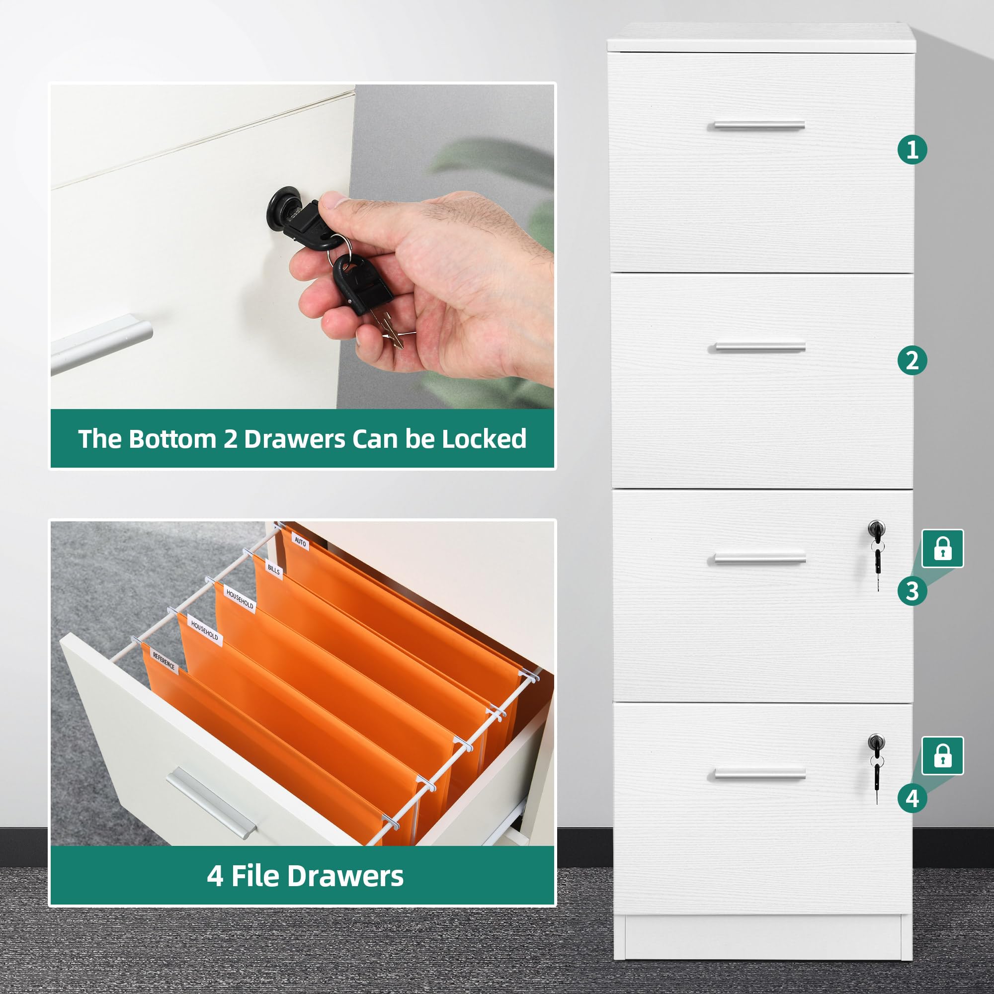 DWVO 4-Drawer File Cabinet with Lock - Letter & A4 Size Metal Filing Cabinet, Heavy Duty Office Storage, White - Perfect for Home Office, School, or Business Organization