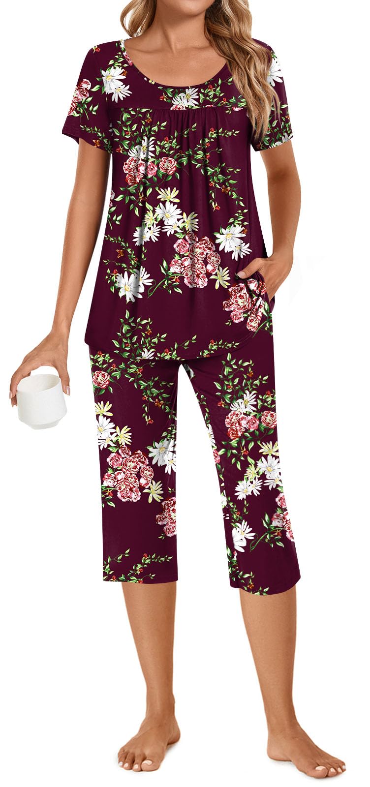 POPYOUNG Women's Summer Pajama Set - Soft 2-Piece Sleepwear with Pockets, Comfy Short Sleeve & Capri Pants for Lounge, Sleep & Relaxation at Home