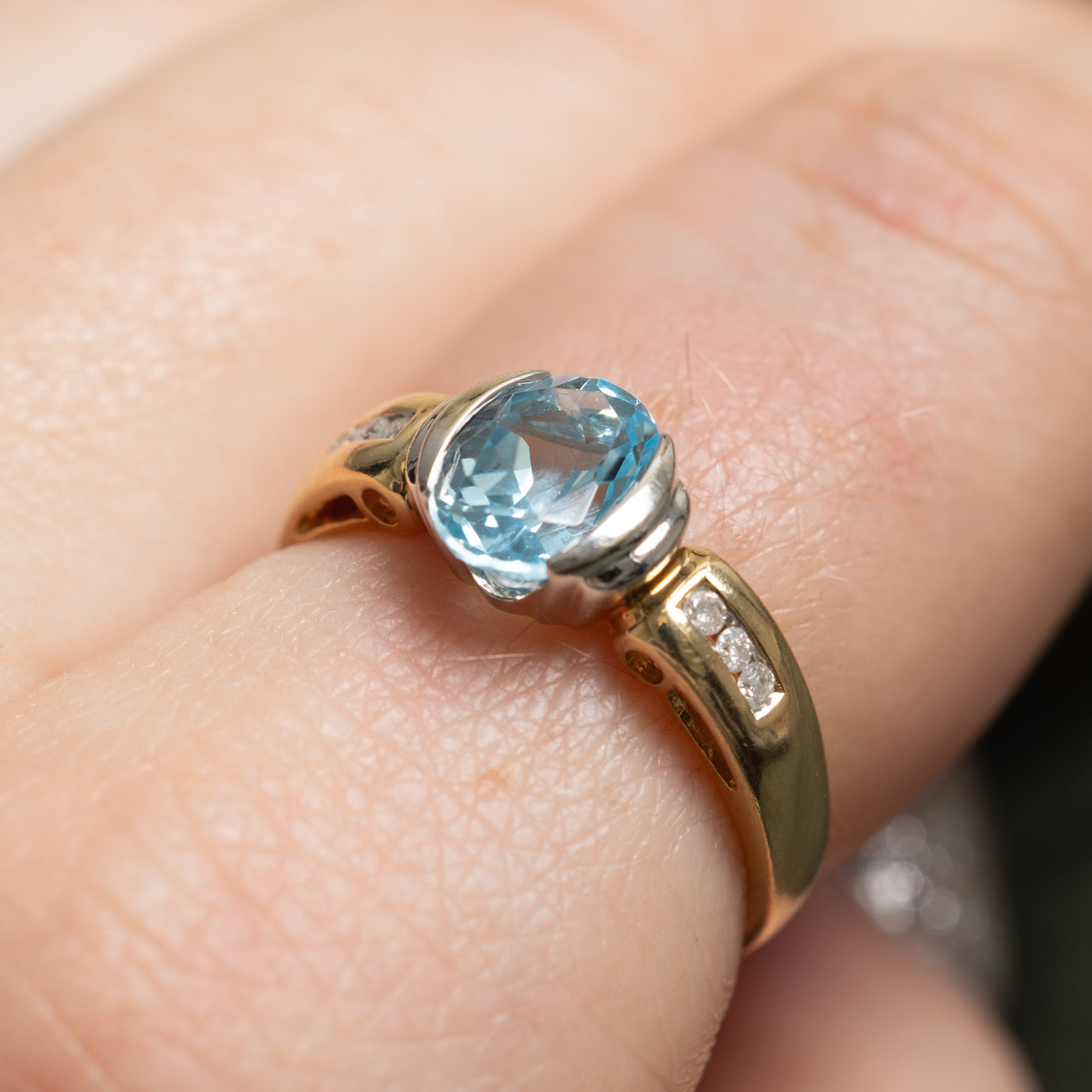 1.40ct Oval Cut Blue Topaz & Diamond Ring (0.06ctw) - Size 6.75 - Elegant Wedding, Engagement & Anniversary Jewelry Gift for Women