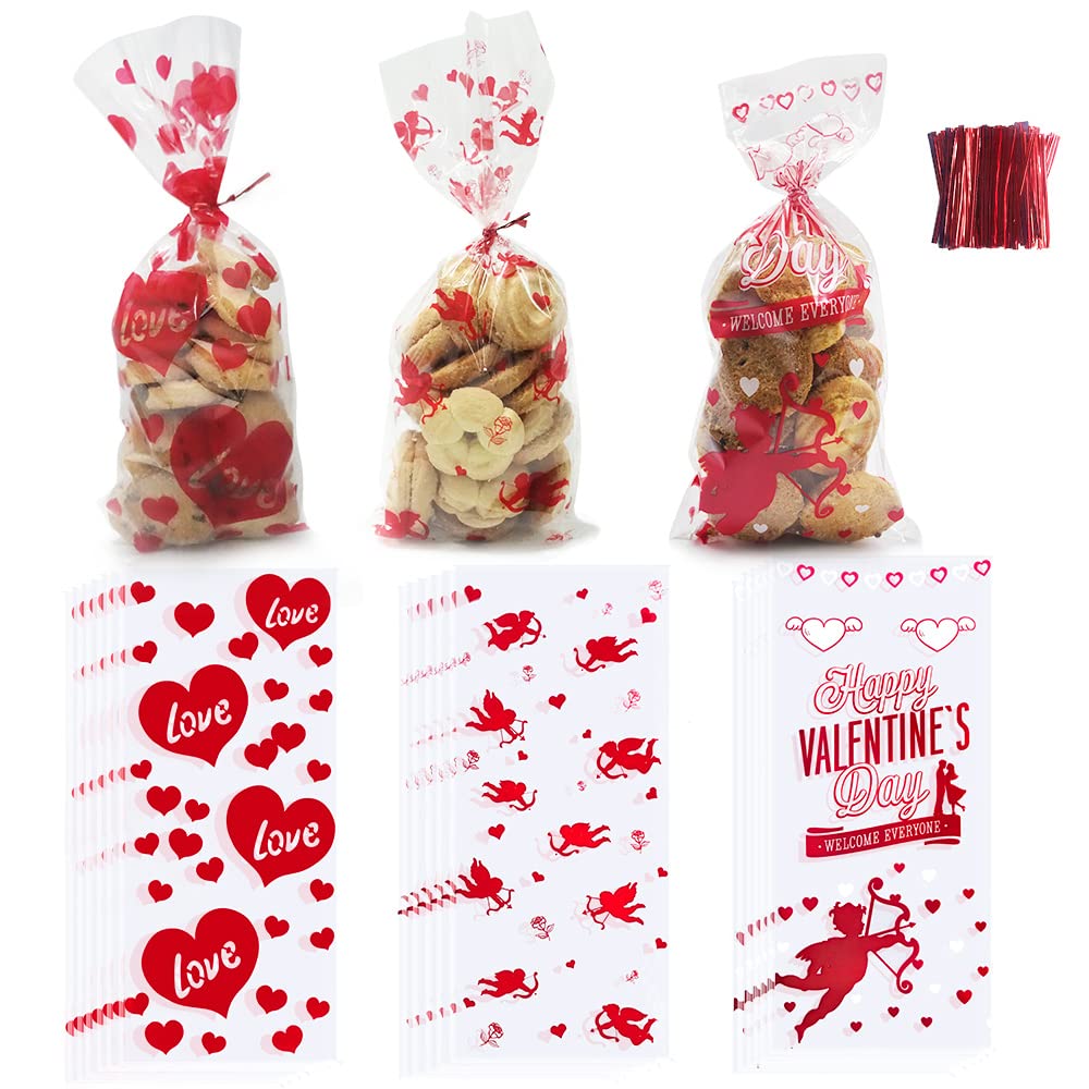 150 PCS Valentine's Day Cellophane Treat Bags - Red Cupid Heart Clear Candy Cookie Bags with Twist Ties for Wedding, Party Favors & Gift Wrapping (3 Styles) - Perfect for Valentine's Gifts, Wedding Favors & Holiday Treats