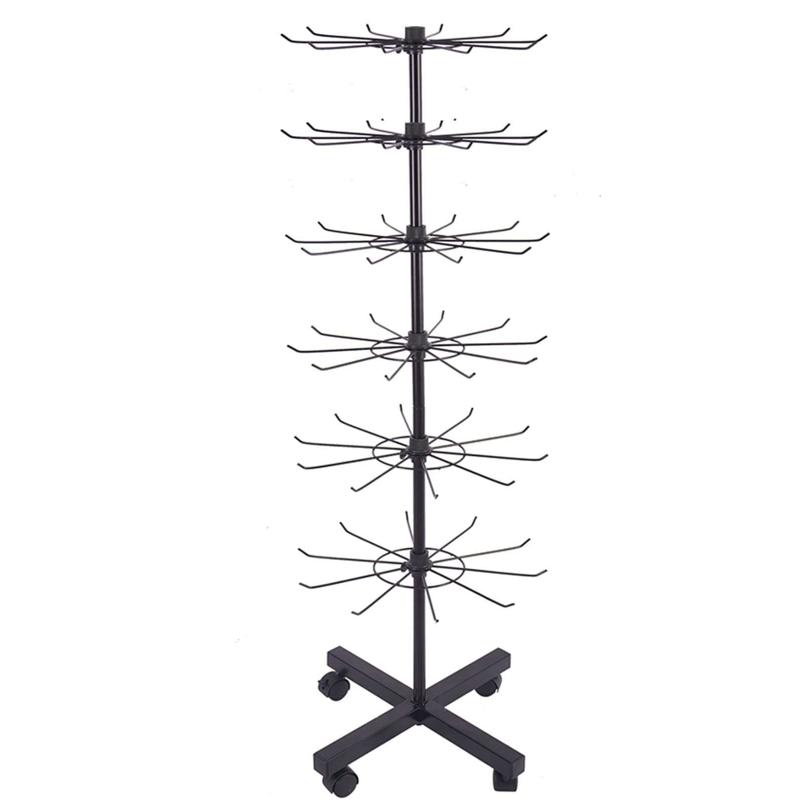 ZAQI Rolling Braid Holder Rack with 60 Hooks - Large Swivel Storage Display Stand for Hair Extensions, Wigs, Jewelry, Hats & Belts - Black Metal Organizer with Wheels for Salon, Beauty Shop & Home Use