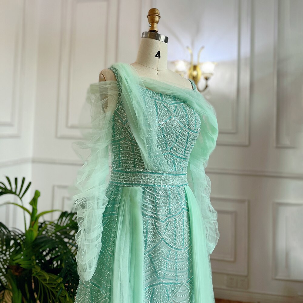 Luxury Dubai Long Evening Dresses for Women - Serene Hill Muslim Mint Over Skirt A-Line Beaded Gown for Wedding, Party & Special Occasions | Elegant Formal Wear 2025 Collection LA71924