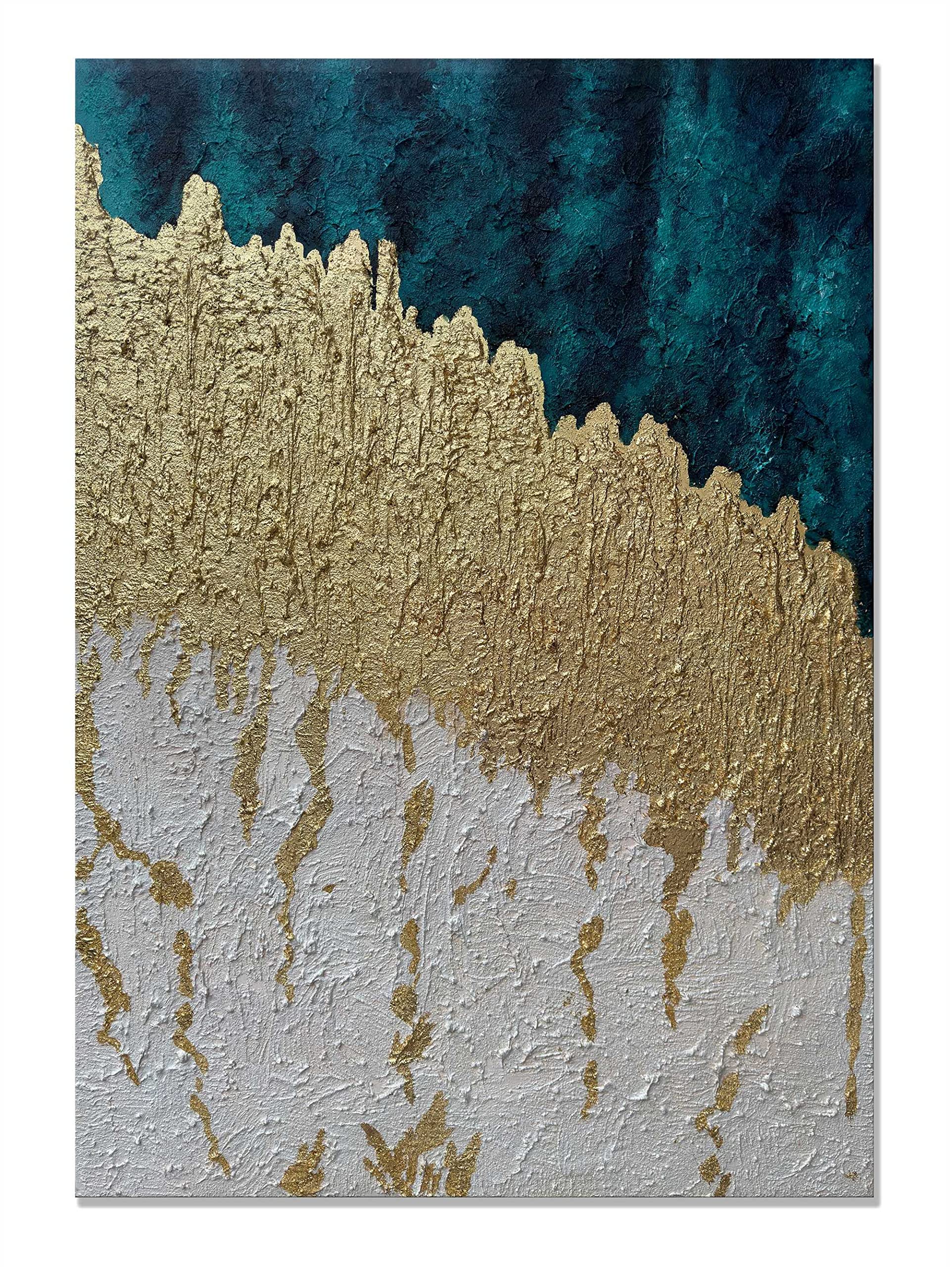 Abstract Blue and Gold Vertical 3D Canvas Wall Art - Hand Painted Modern Oil Painting with Textured Metal Finish - Contemporary Home Decor for Living Room, Bedroom & Office