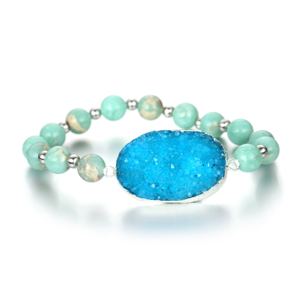 ShinyJewelry Natural Druzy Agate Stretch Bracelet with Imperial Jasper Stone Beads - Adjustable Charm Bracelet for Women - Perfect for Yoga, Meditation & Boho Fashion Accessories