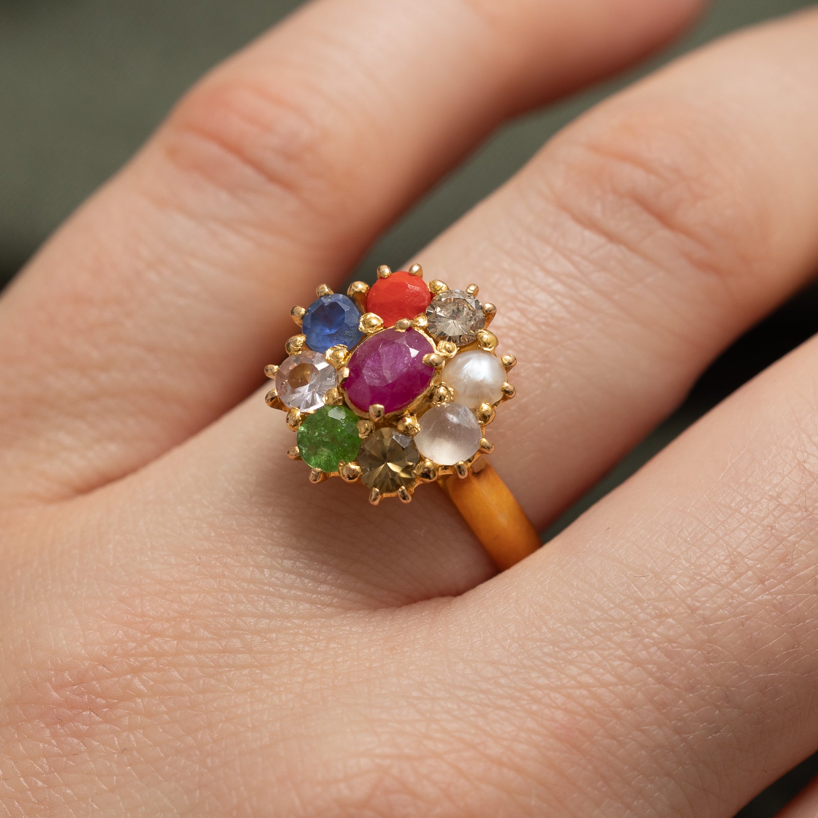 Multi Stone Navratna 9 Stone Chakra Ring | 1.55ctw Genuine Gemstones | Size 8.5 | Spiritual Healing Jewelry for Meditation & Positive Energy