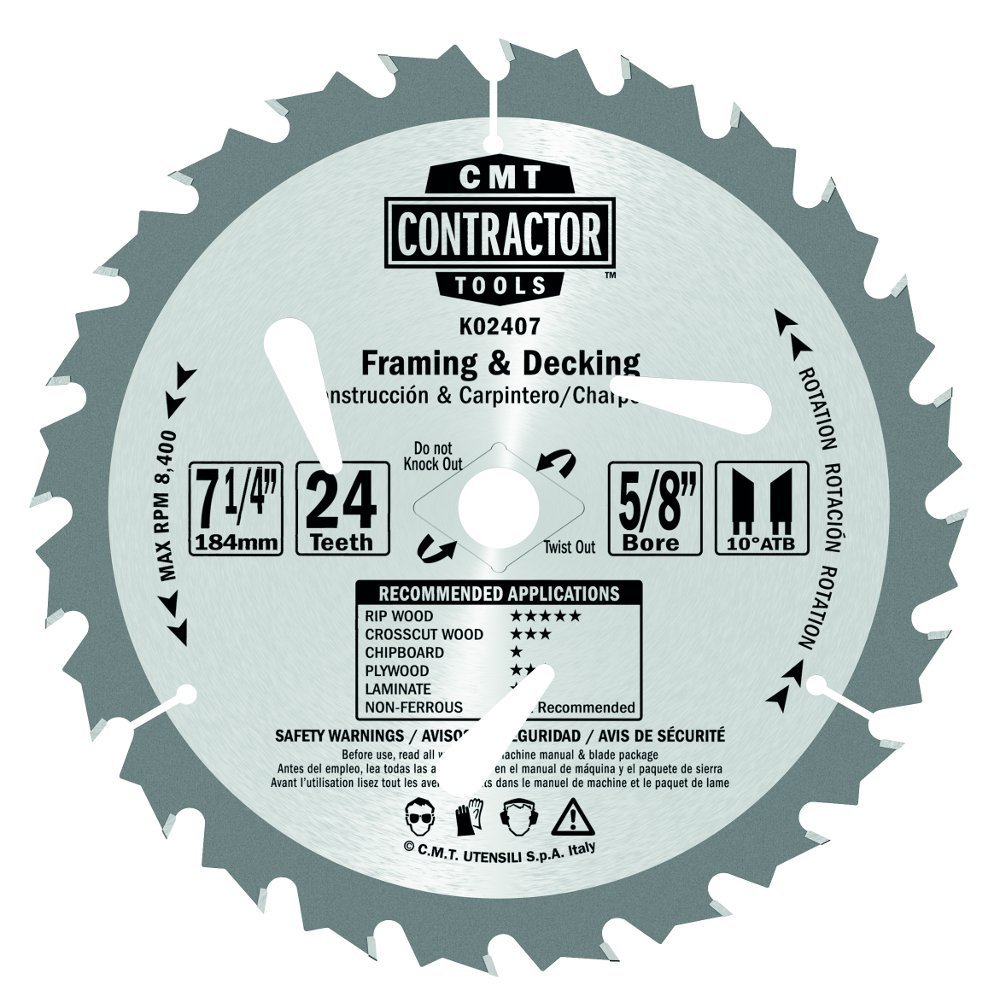 CMT K02407 ITK Contractor Framing & Decking Saw Blade - 7-1/4 Inch, 24 Teeth, 10° ATB with 5/8-Inch Arbor - Perfect for Woodworking, Construction & DIY Projects