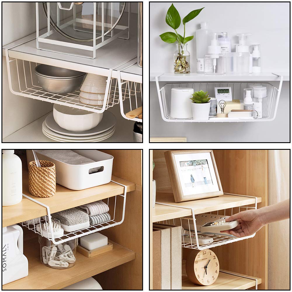 4 Pack Under Shelf Basket - Dveda Durable Metal Wire Rack Hanging Storage Organizer for Kitchen, Pantry, Bathroom & Office - White (1.45