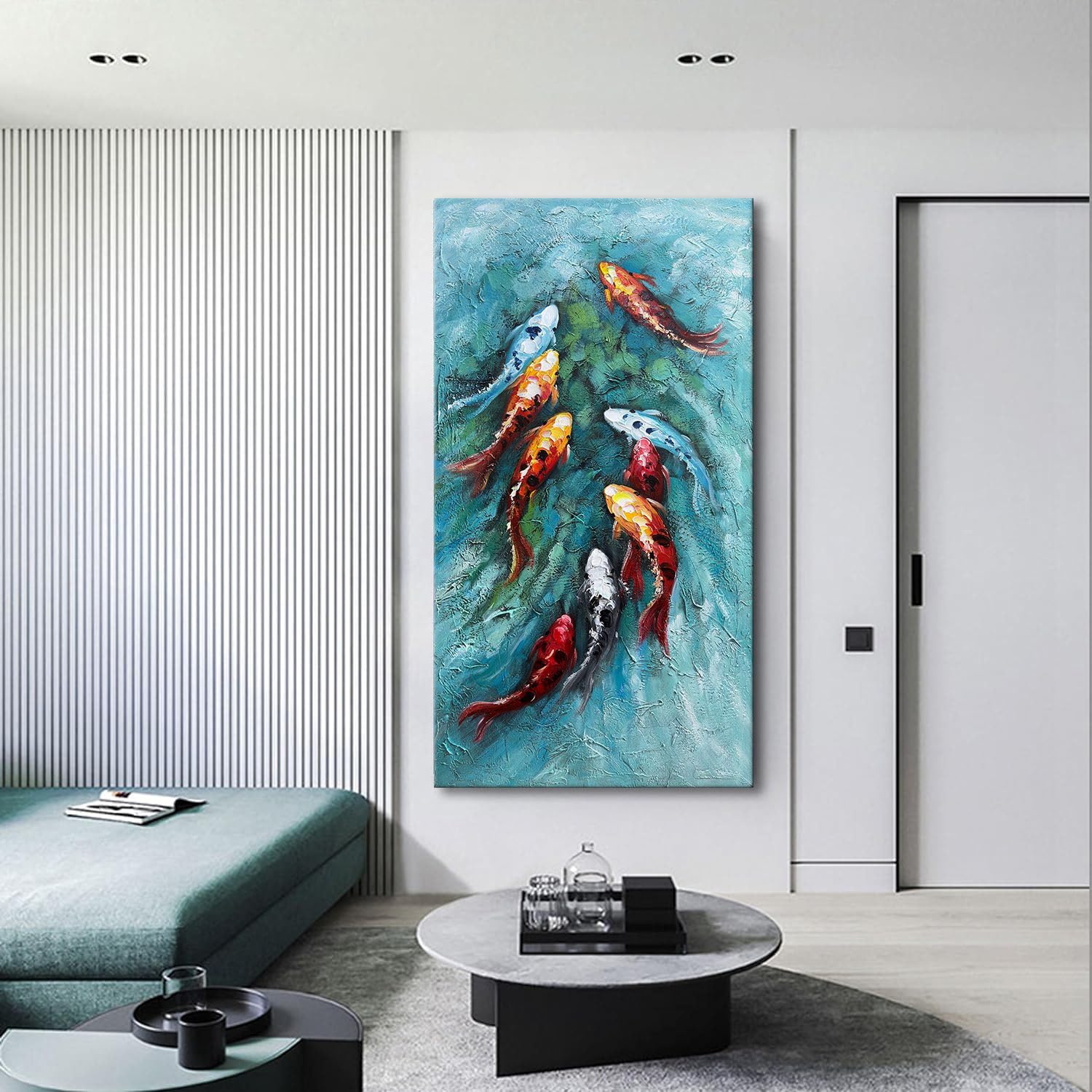 Zoinart Hand-Painted 3D Nine Fishes Oil Painting on Canvas - 24x48 Inch Vertical Modern Abstract Wall Art - Ready to Hang Home Decor for Living Room, Bedroom & Office