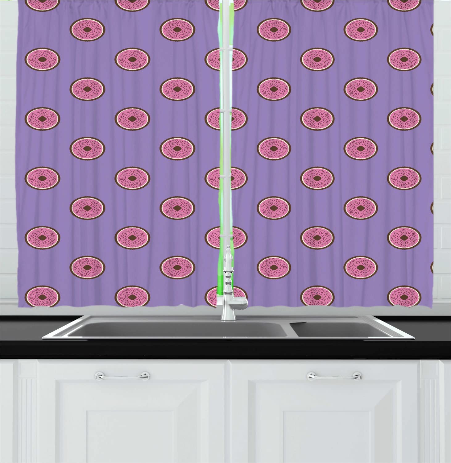 Ambesonne Dessert Themed Long Kitchen Curtains - Donuts, Cupcakes, Jam & Chocolate Food Pattern, 2 Panel Rod Pocket Drapes, 55x45 Inches, Pink Mauve & Brown - Perfect for Baking-Themed Kitchen Decor & Cafe Style Dining Room