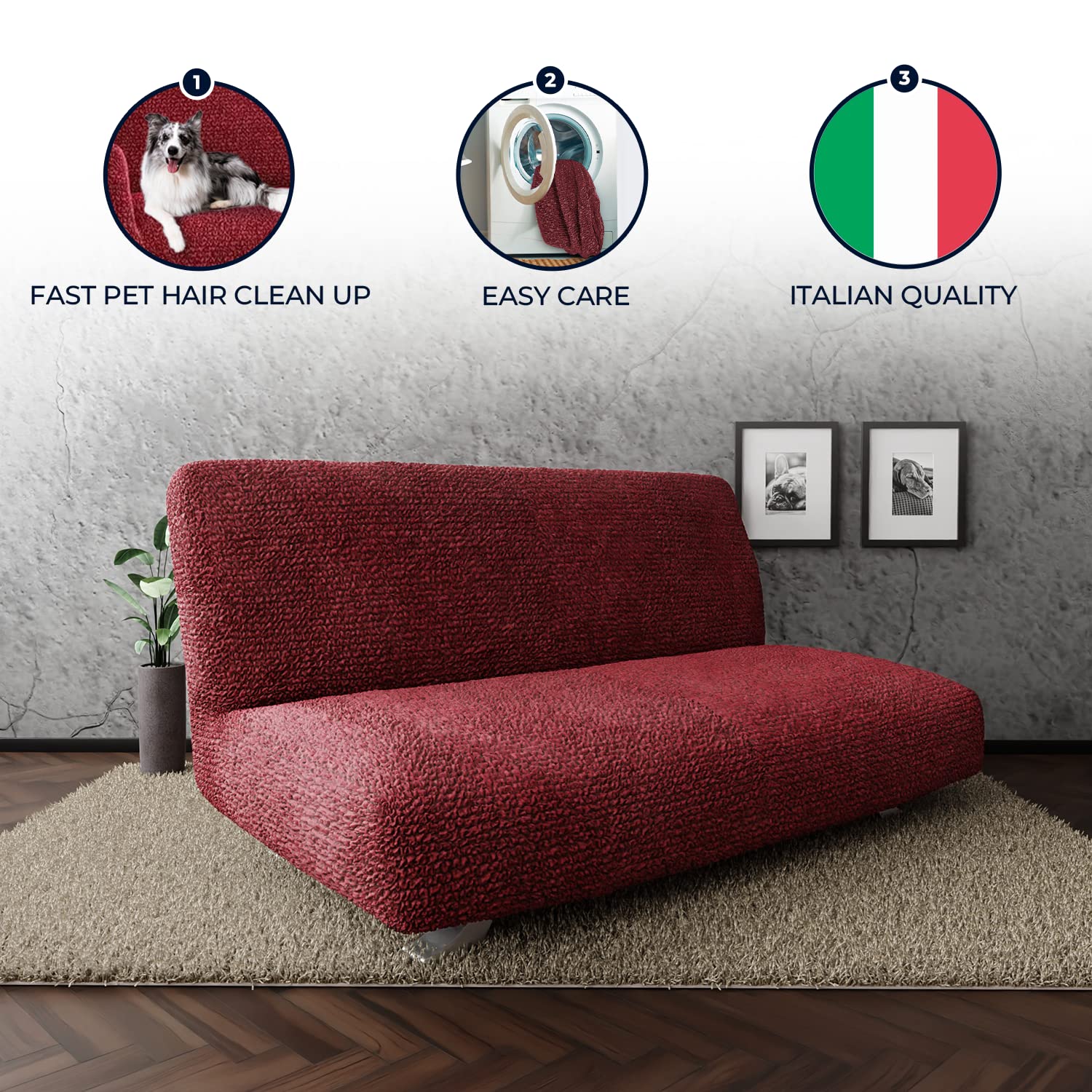PAULATO BY GA.I.CO. Stretch Futon Cover - Armless Sofa Bed Slipcover Without Armrest - Soft Microfiber Fabric - 1-Piece Form Fit for Kids & Pets - Burgundy - Perfect for Living Room, Dorm, or Guest Room