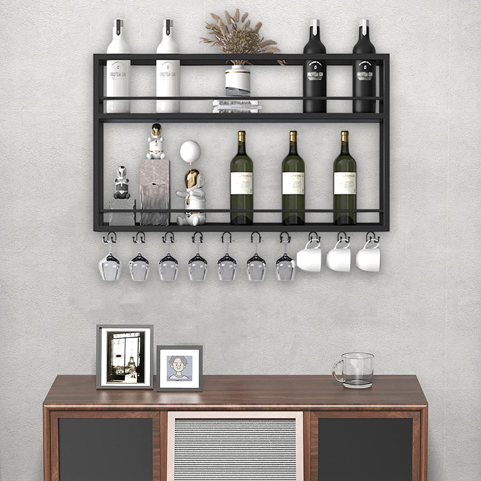 Industrial Wall Mounted Wine Rack - 2-Tier Wood Wine Bottle Shelf with Stemware Holder - Black Wine Glass Storage Display for Home Bar, Kitchen & Dining Room (55.1×7.8×26in) - Perfect for Small Spaces & Entertaining Guests
