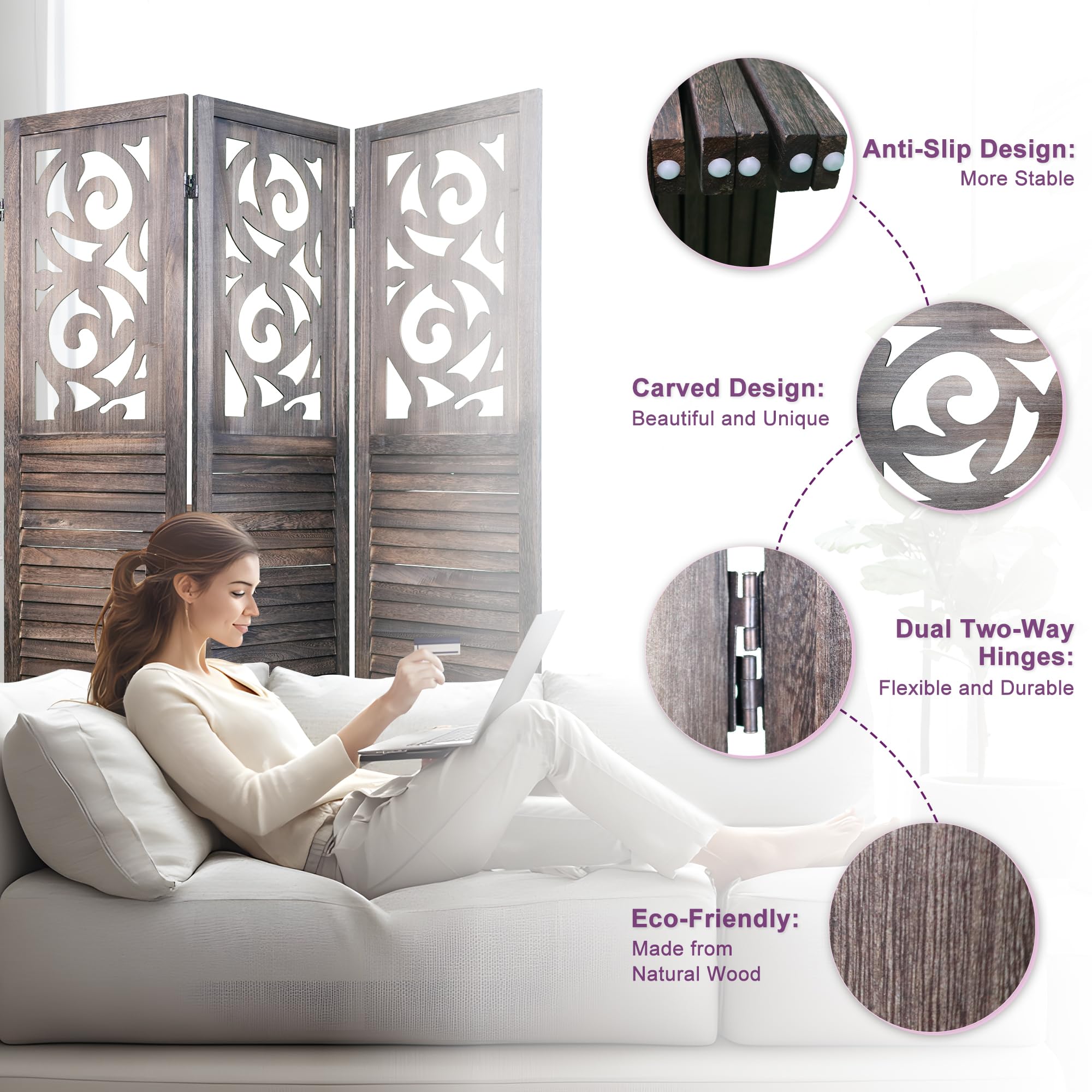 5.6FT Folding Wood Room Divider Panel - 6 Panel Rustic Brown Partition Screen for Bedroom, Office & Living Room Separation - Handcrafted Wooden Room Divider for Privacy & Home Decor