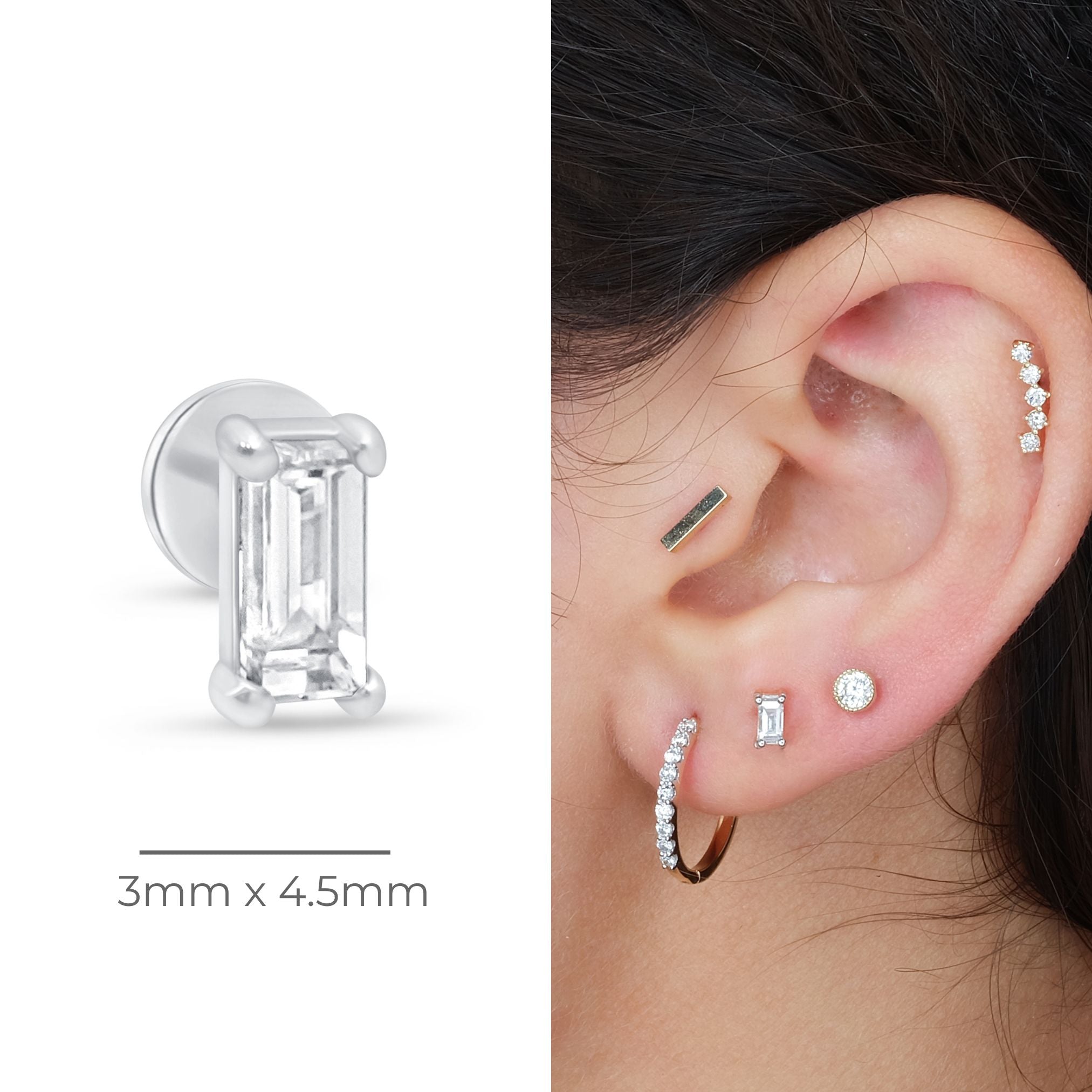14K White Gold Diamond Baguette Flat Back Stud Earrings - Elegant Minimalist Jewelry for Women, Perfect for Everyday Wear & Special Occasions