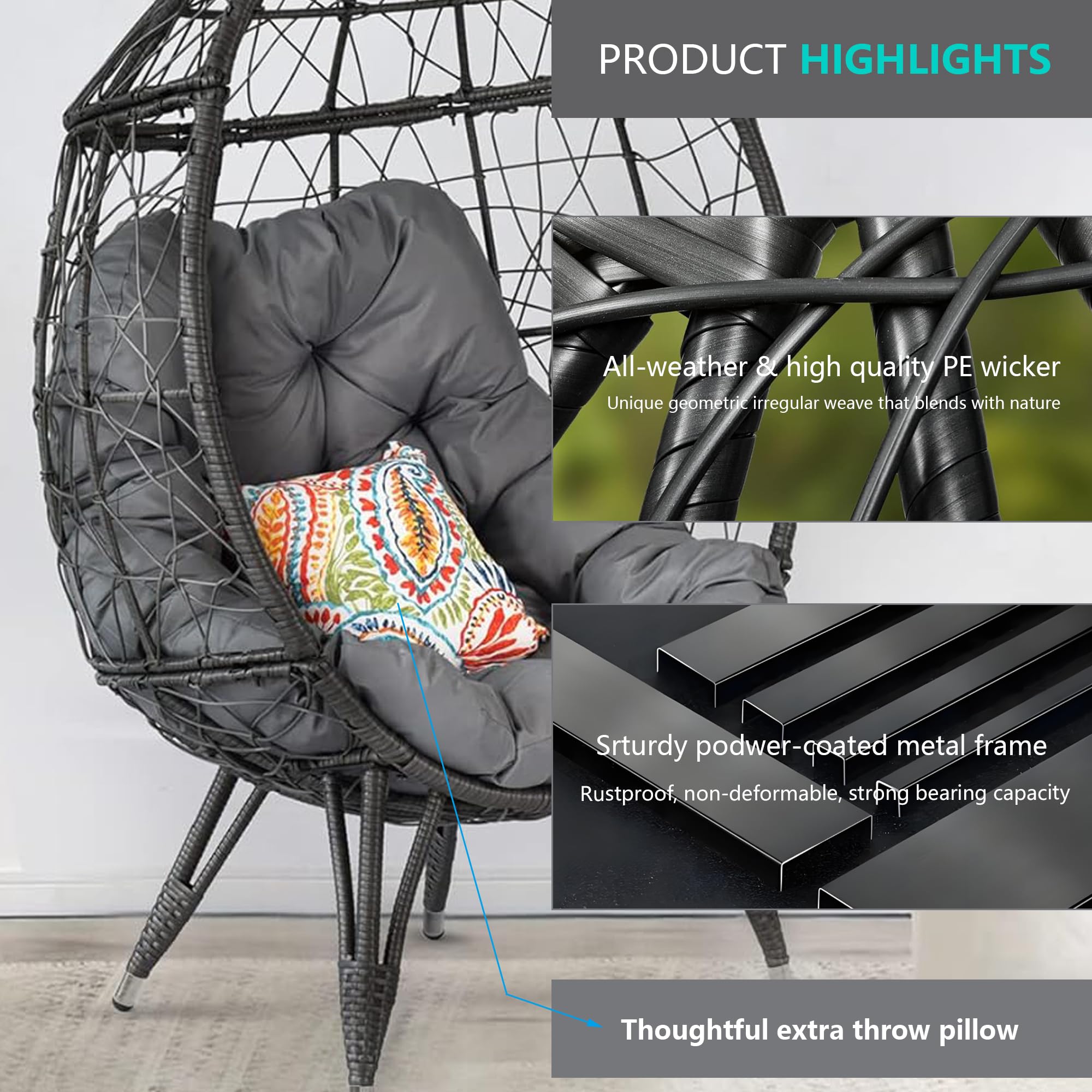 Outdoor Egg Chair - PE Rattan Hanging Basket Chair with Stand & Gray Cushions, 440lb Capacity Patio Lounge Furniture for Backyard, Garden, Poolside Relaxation