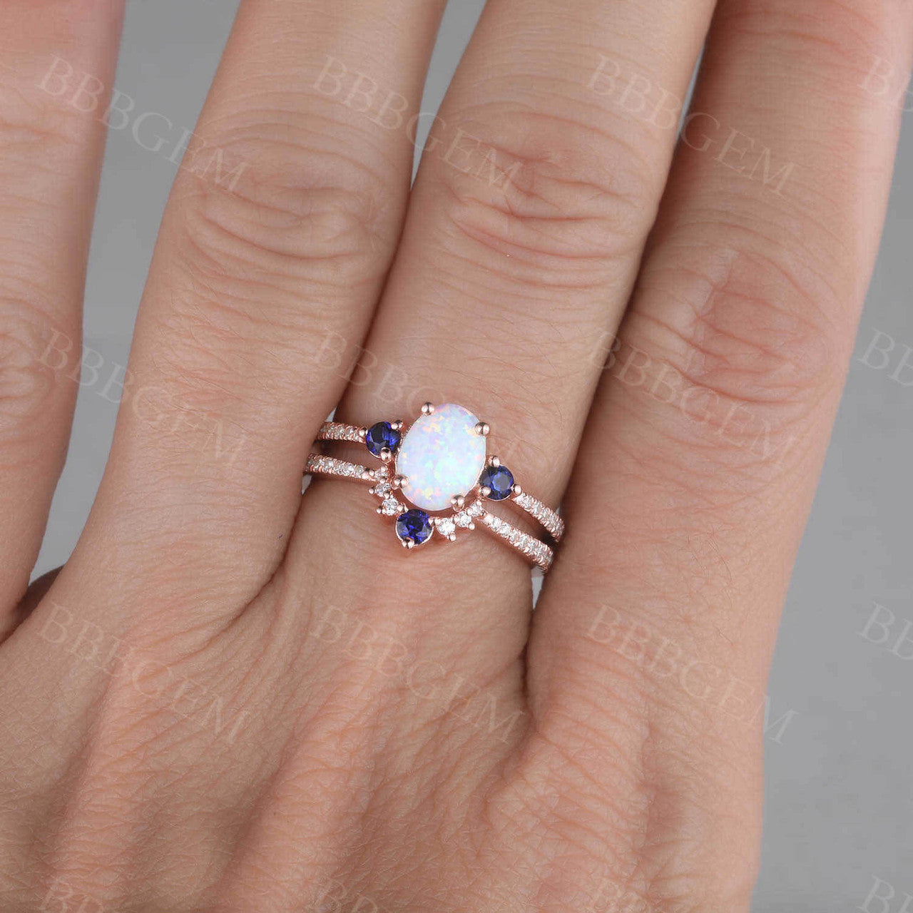 Antique Vintage Style Sapphire Opal Bridal Ring Set with Diamond Accents - Matching Wedding Band & Engagement Ring for Women - Perfect for Bridal Jewelry, Anniversary Gifts & Special Occasions