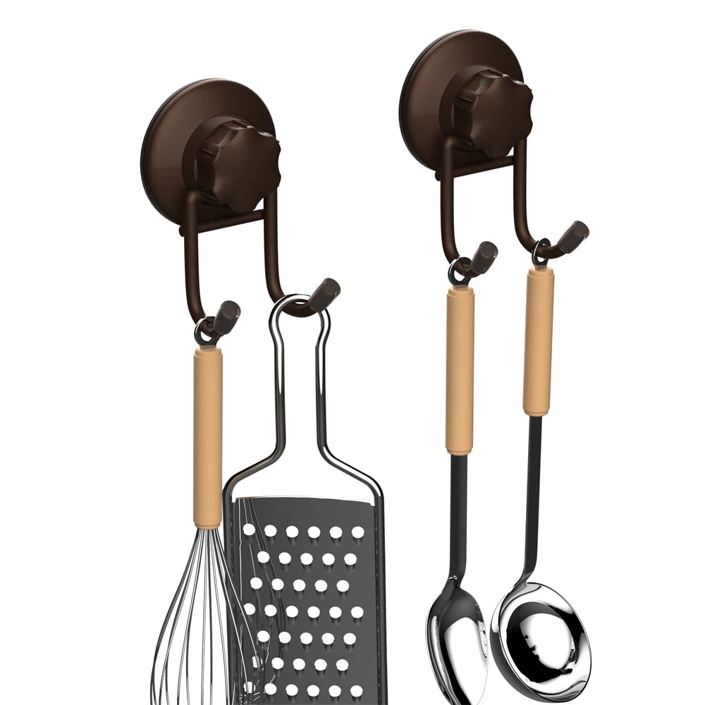 SANNO Heavy Duty Suction Cup Hooks - 2 Pack Bronze Shower Accessories for Towel, Robe, Loofah & Squeegee - Strong Adhesive Bathroom & Kitchen Wall Hooks for Hanging Organization - Perfect for Showers, Bathrooms & Small Space Storage