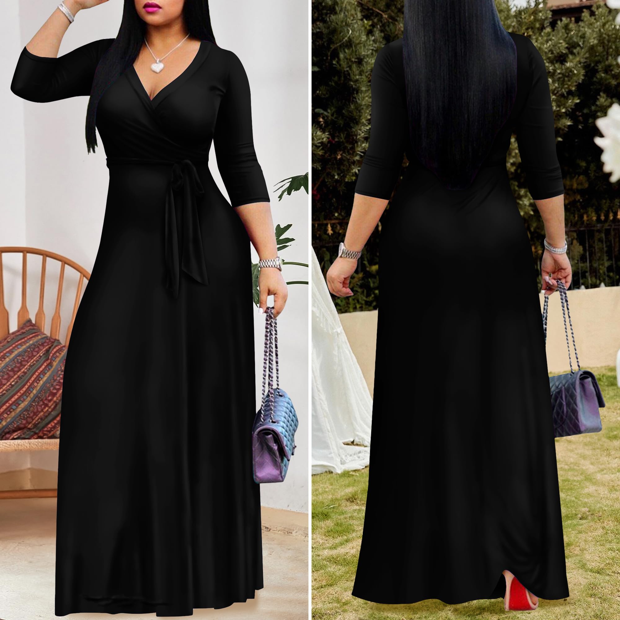 FANDEE Women's 2025 Maxi Dress - Solid Color Bohemian Summer Long Dress with V-Neck & 3/4 Sleeve | Beach Wedding, Vacation, Party & Casual Wear