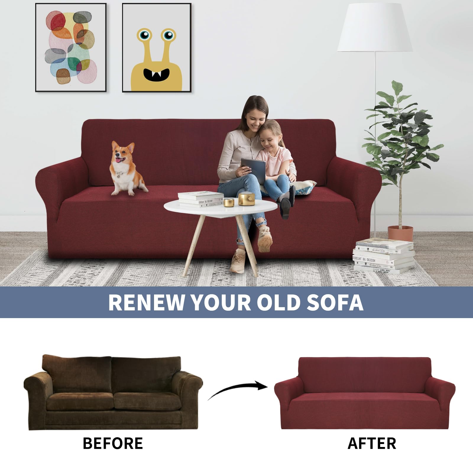 JIVINER Stretch Jacquard Sofa Cover - 2 Cushion Anti-Slip Loveseat Slipcover with Small Check Pattern, Wine Red - Perfect for Homes with Kids & Pets, Living Room Furniture Protection