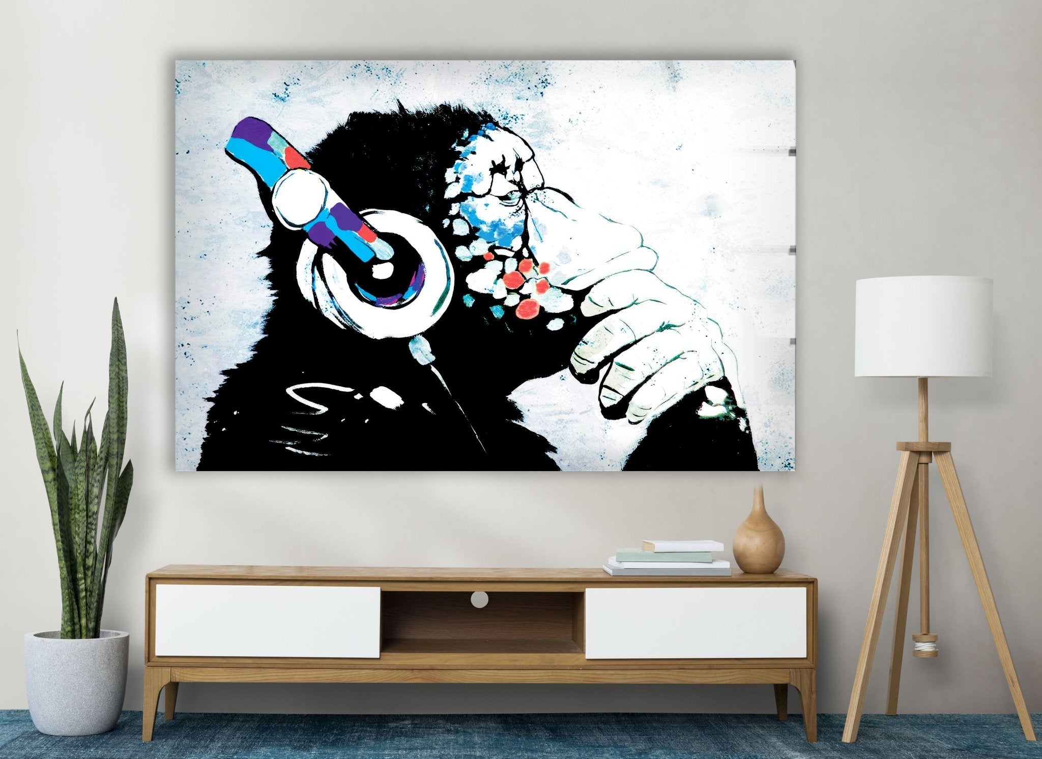 Banksy DJ Monkey Glass Wall Art - Modern Home Decor for Living Room, Bedroom & Office - Unique Street Art Gift for Music Lovers