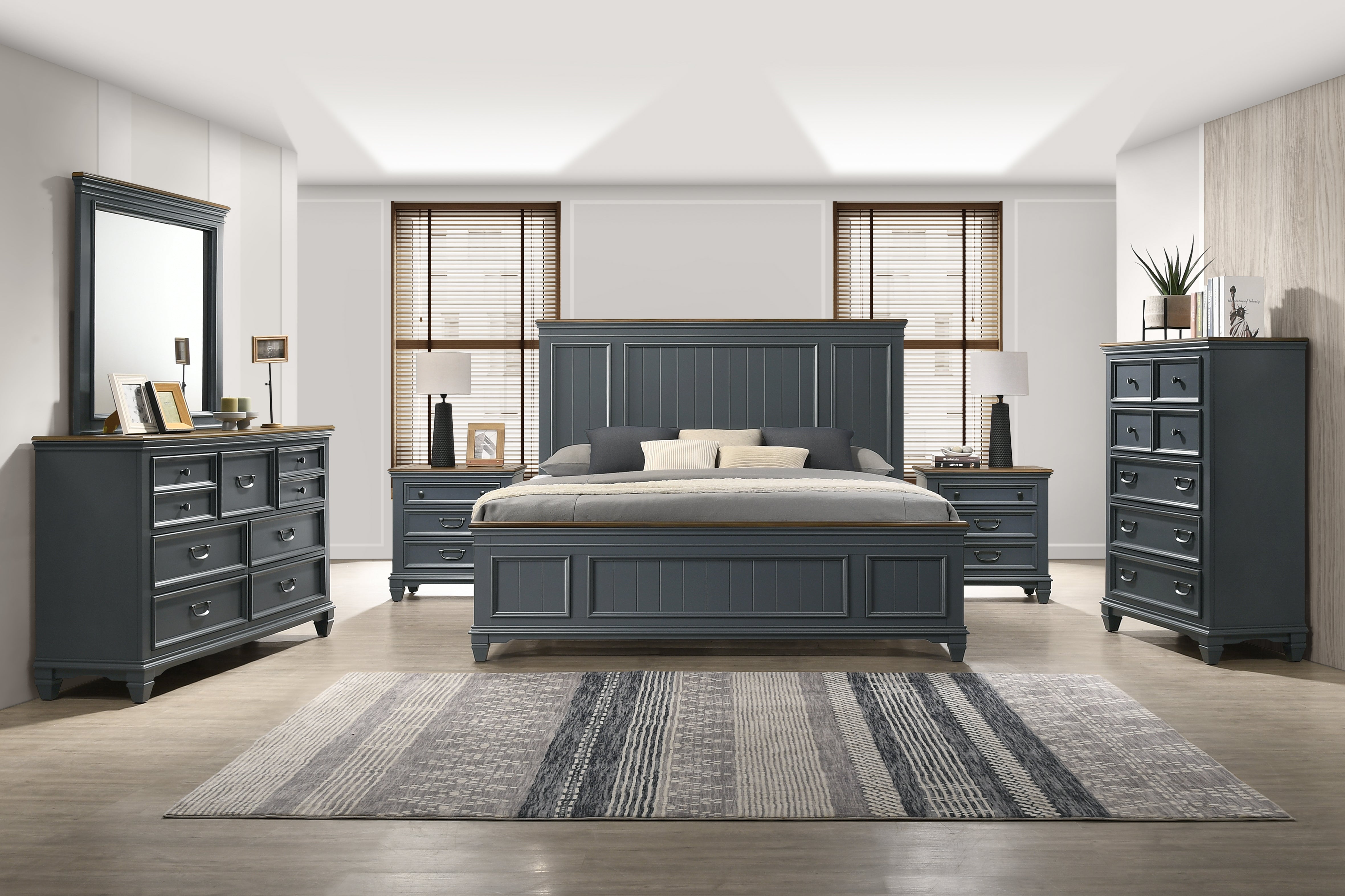 Roundhill Furniture Clelane Wood Bedroom Set with Shiplap Panel Bed - Queen Size, Slate Blue Finish - Modern Farmhouse Bedroom Decor for Master & Guest Rooms