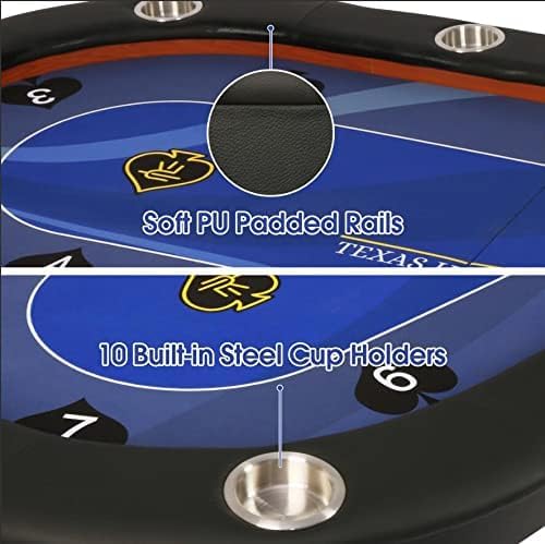 10 Player 84'' Folding Poker Table with Stainless Steel Cup Holders - Casino Style Texas Holdem Game Table for Home & Parties (Blue) - Perfect for Poker Nights, Casino Themed Events & Family Game Gatherings