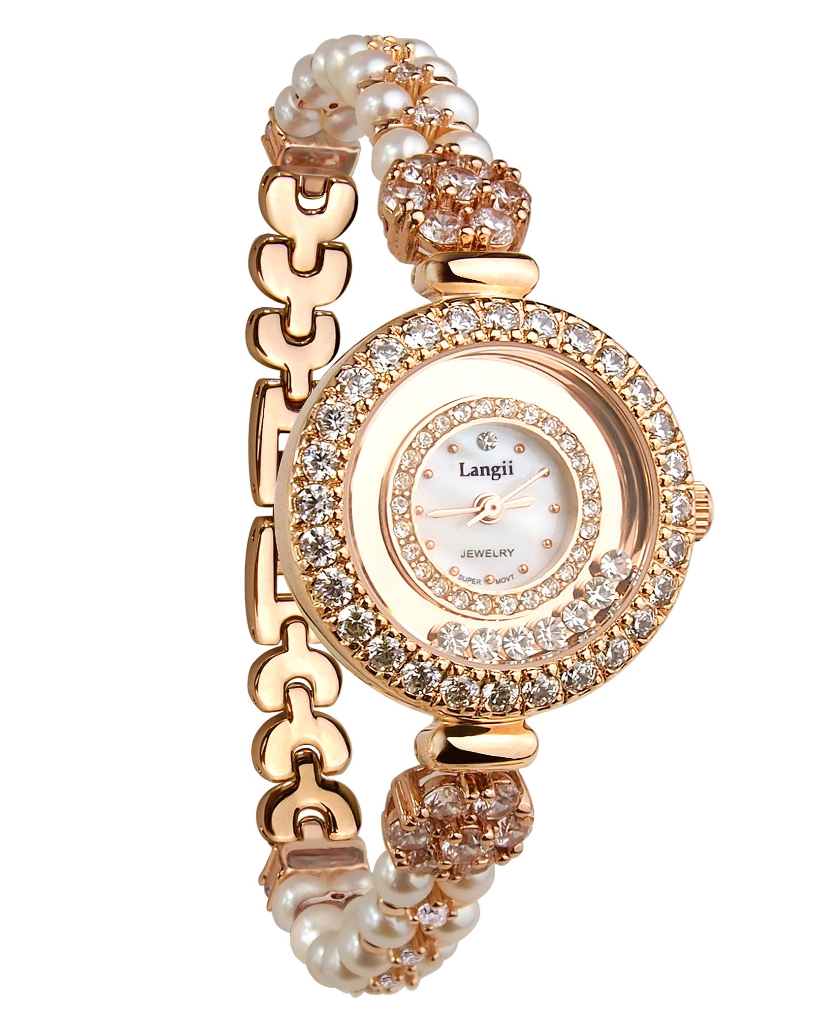 Langii Gold Pearl Bracelet Watch for Women - Elegant Cultured Pearl Jewelry Set with Watch, Perfect for Parties, Weddings & Formal Events
