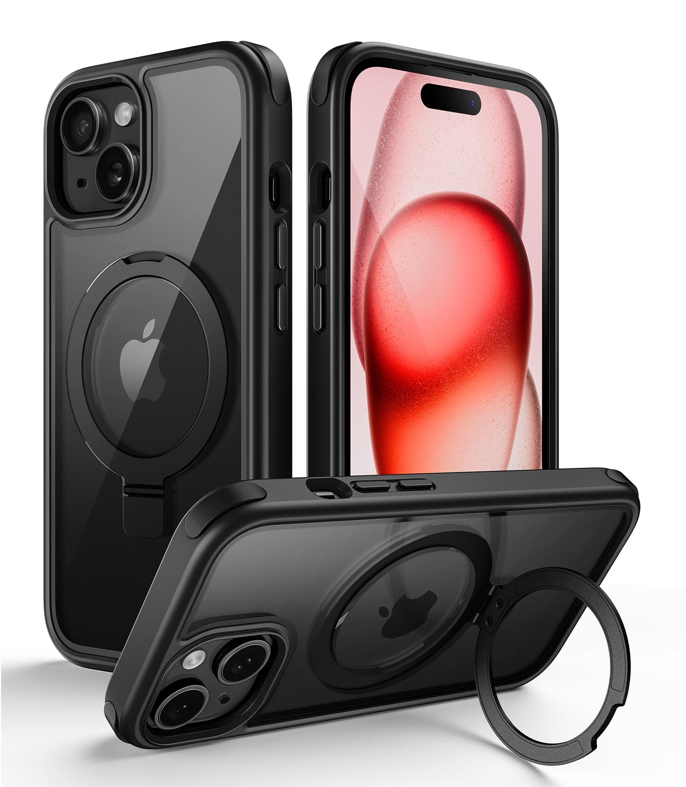 Premium Magnetic iPhone 15 Case with Stand - Military-Grade Protection, Crystal Clear Back, MagSafe Compatible, Anti-Yellowing & Scratch-Resistant Design - Perfect for Work, Travel & Everyday Use (Black)