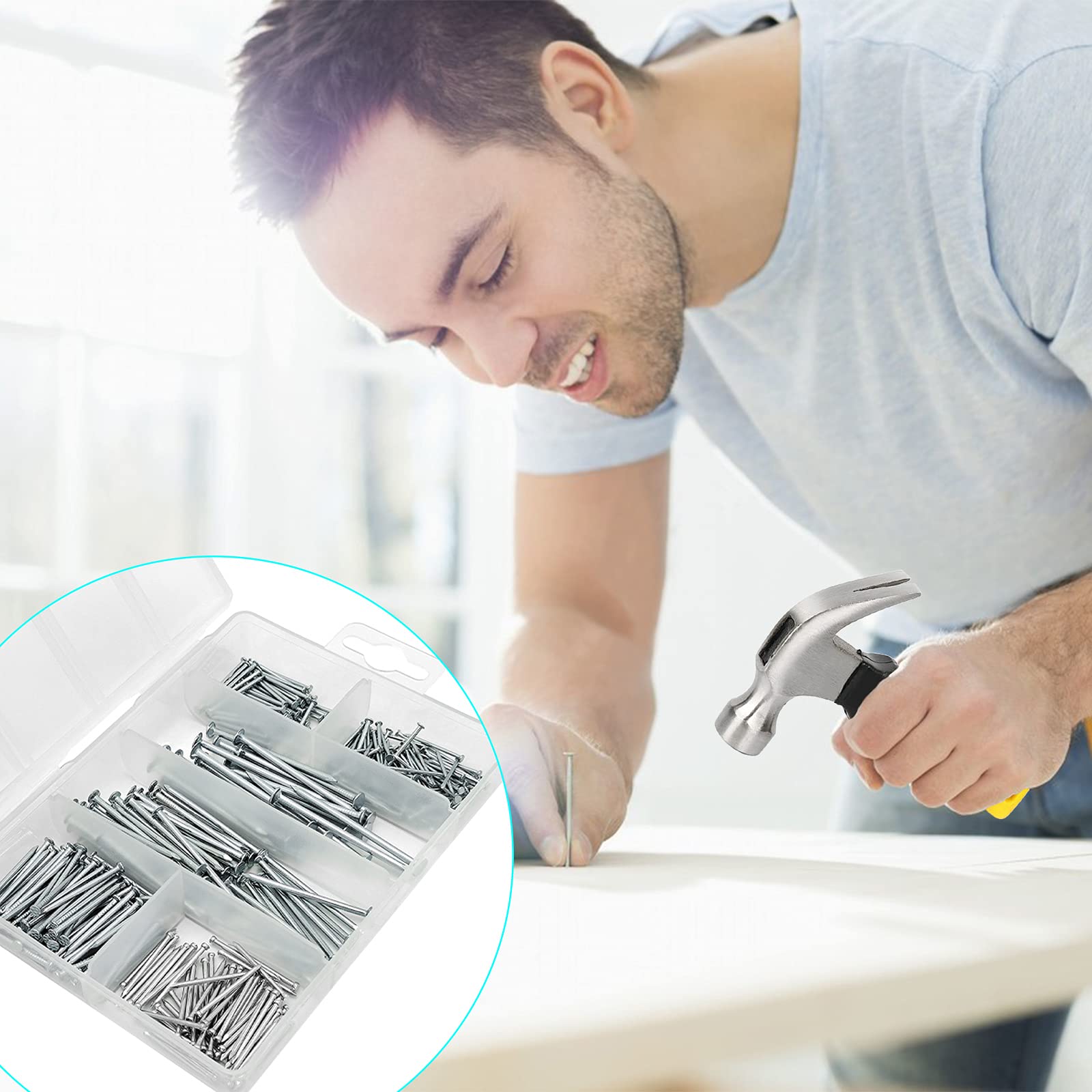 376-Piece Hardware Nails Assortment Kit with 8oz Mini Claw Hammer - Anti-Slip Handle, 2-Inch Finishing Nails for Hanging Pictures, DIY Projects & Home Repairs - Perfect for Wall Decor, Furniture Assembly & Crafting
