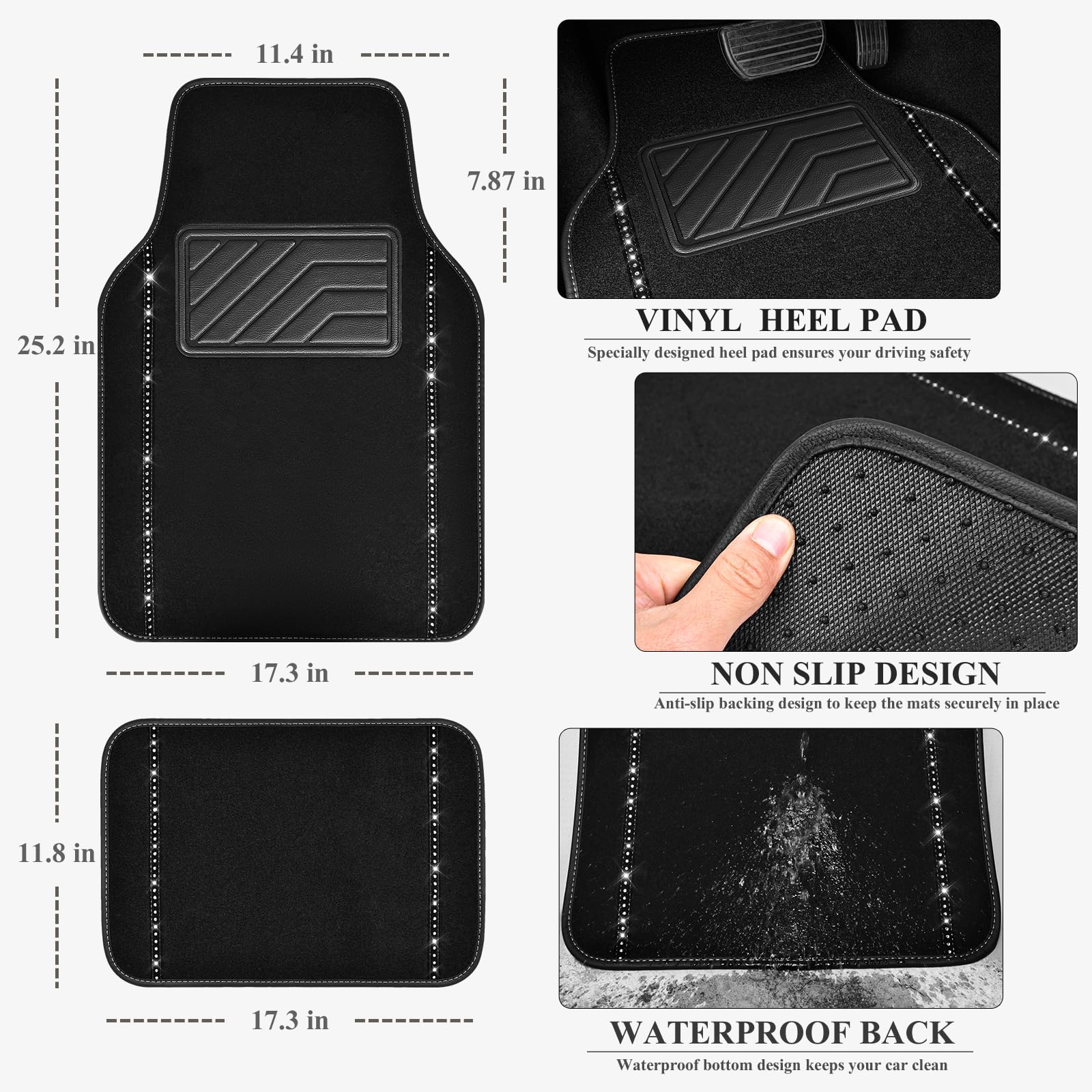 Bling Car Accessories Set for Women - 14 PCS Leather Seat Covers & Rhinestone Steering Wheel Cover | Luxury Car Interior Decor