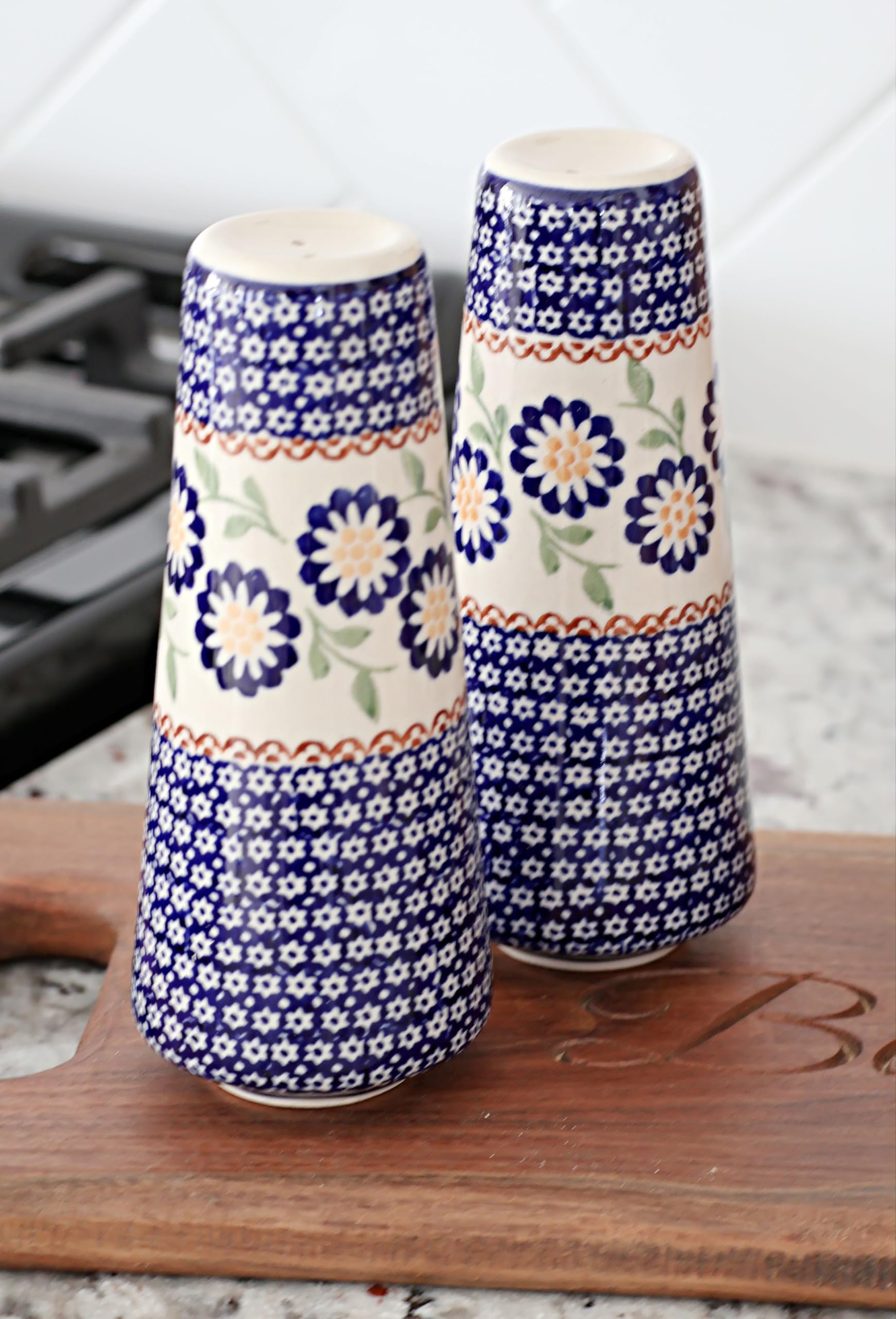 Blue Rose Polish Pottery Peach Blossom Salt and Pepper Shakers Set - Handmade Ceramic Spice Shakers for Kitchen, Dining Table & Gift Giving