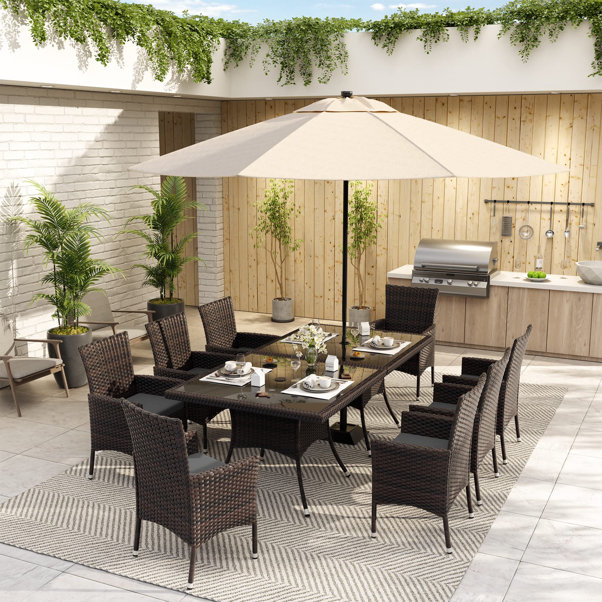 10-Piece All-Weather Wicker Patio Dining Set with Tempered Glass Tabletop & Removable Cushions - Outdoor Furniture for Backyard, Garden, Poolside - Includes Umbrella Hole (Grey) | Perfect for Outdoor Entertaining, Family Gatherings & Relaxing in Your Garden