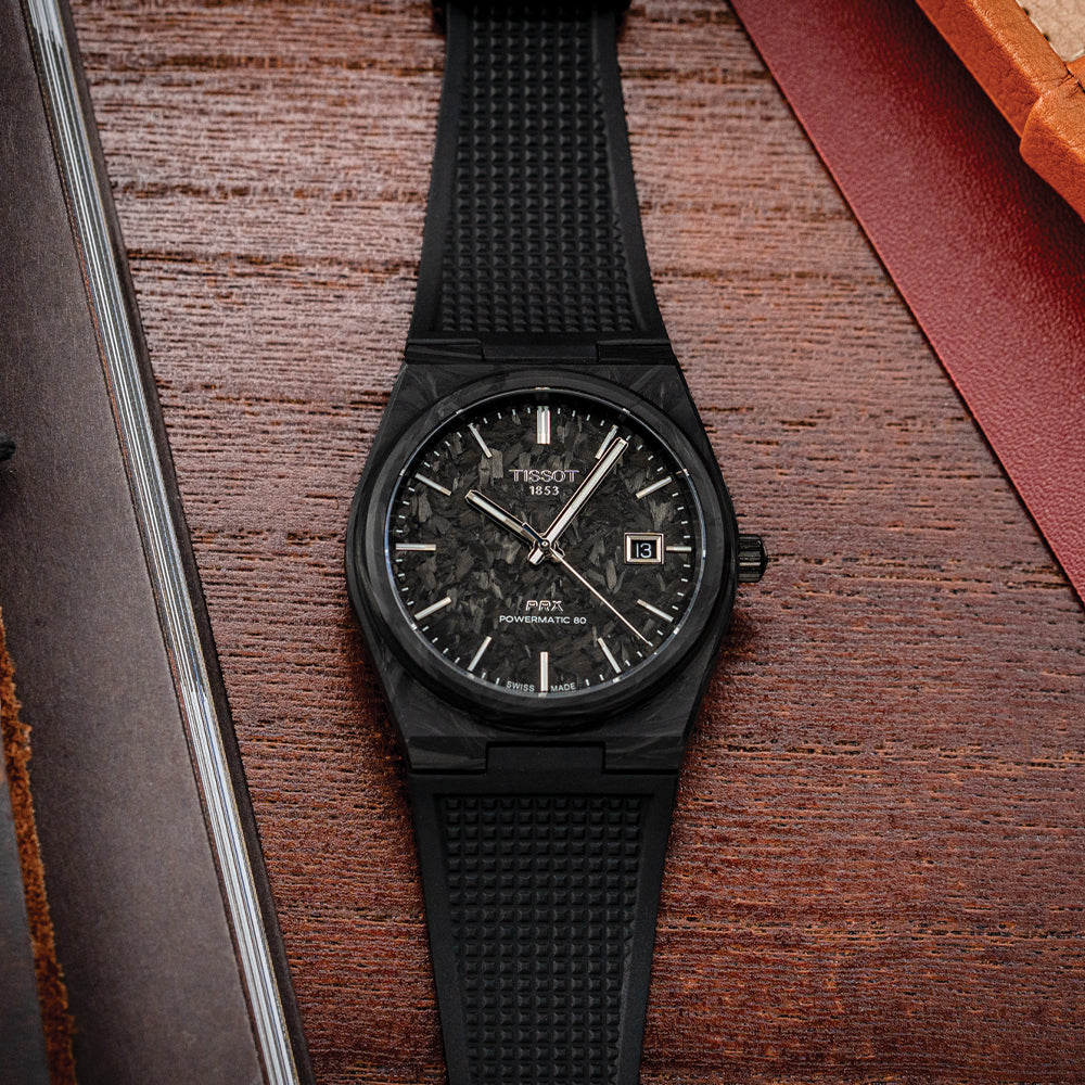 Tissot PRX Carbon Powermatic 80 40mm Black Men's Watch with Rubber Strap - Luxury Sports Watch for Everyday Wear & Office Style