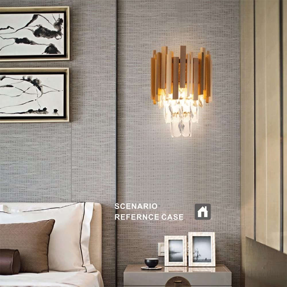 Crystal Wall Sconce Lamp - Gold Metal Wall Lighting Fixture with E14 Base, Geometric Home Decor for Living Room, Bedroom & Hallway | Elegant Wall Mounted Lamp for Bedside & Entryway Lighting