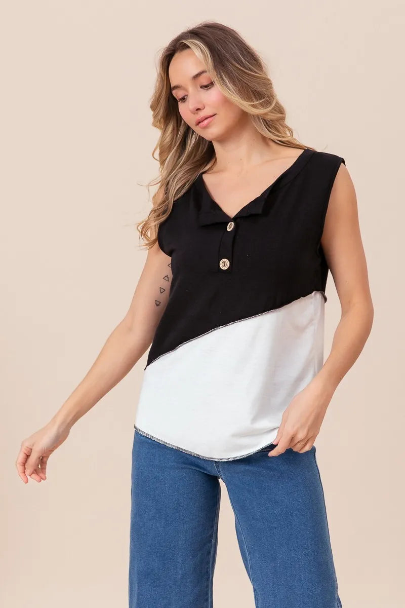 Stylish BiBi Color Block Contrast Stitching Buttoned Henley Top for Women | Trendy Casual & Workwear Blouse | Perfect for Office, Dating & Weekend Outfits
