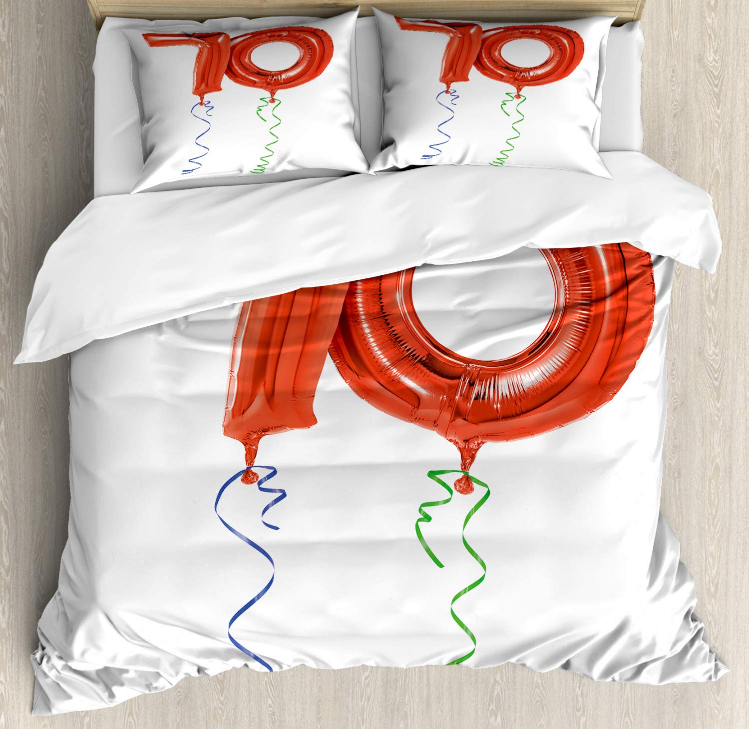 Ambesonne 70th Birthday Duvet Cover Set - 3 Piece California King Bedding with 2 Pillow Shams | Fun Flying Balloons & Happy Birthday Print in Orange, Green & Blue | Perfect for 70th Birthday Party Decorations & Crazy Celebration Themes