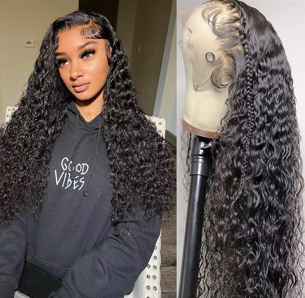 Deep Wave Lace Front Human Hair Wig for Black Women - 150% Density Curly Wet & Wavy Wig with Pre-plucked Baby Hair - 13x4 Lace Closure in Natural Black (28 Inch) - Perfect for Daily Wear, Special Occasions & Protective Styling