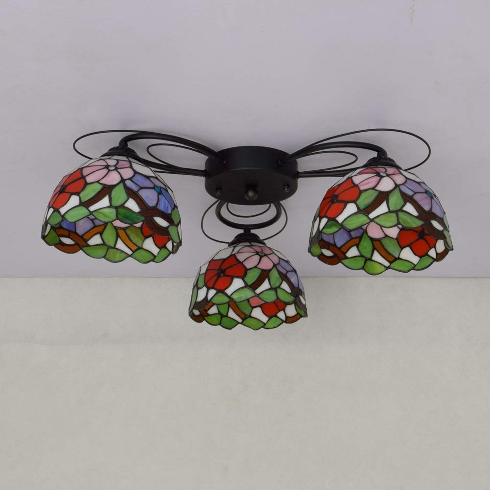 Tiffany Style 3-Head Stained Glass Ceiling Lamp with Morning Glory Pattern - Perfect for Dining Room, Living Room & Bedroom Lighting