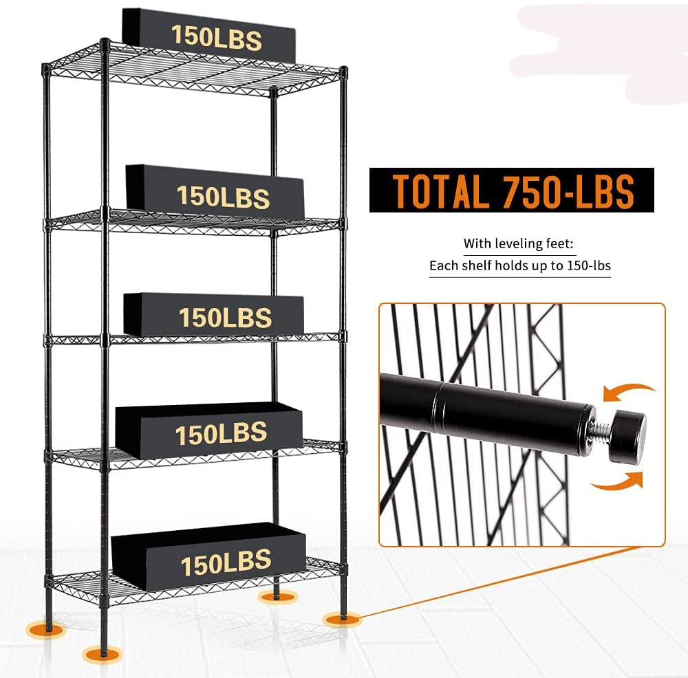 5-Shelf Heavy Duty Kitchen Storage Rack - Adjustable Wire Shelving Unit for Pantry Organization, Chrome Carbon Steel Organizer | Perfect for Kitchen, Garage, Laundry Room & Office Storage Solutions