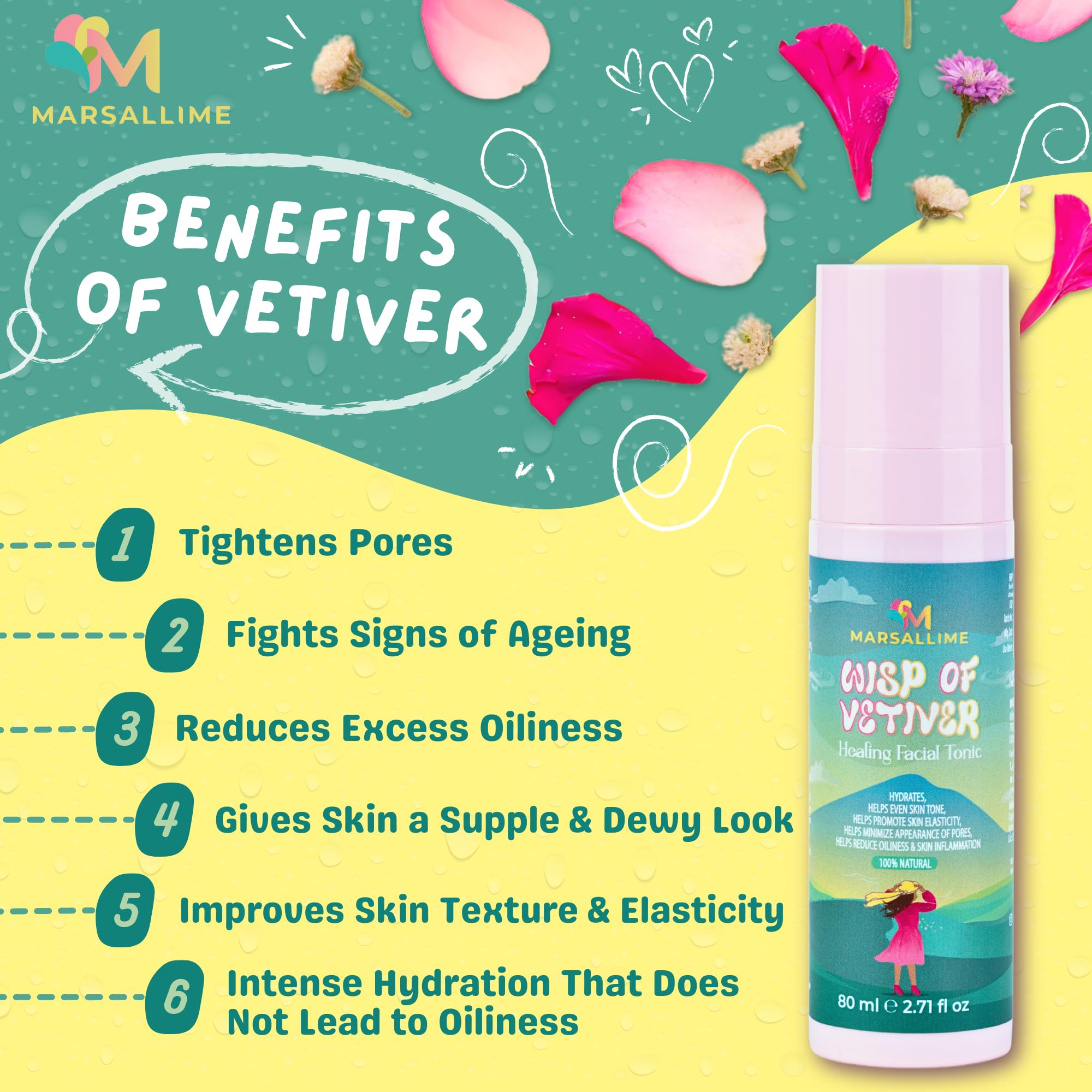 Marsallime Vetiver Face Toner - Alcohol-Free Hydrating Facial Mist for Oily & Acne-Prone Skin | Brightens Complexion, Reduces Blemishes & Controls Shine | Vegan, Fragrance-Free Skincare (80ml) | Perfect for Morning Routine & Post-Workout Refresh