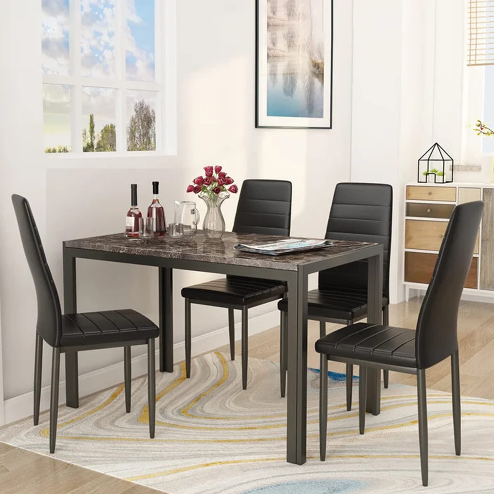 DKLGG 5-Piece Modern Dining Table Set for 4 - Faux Marble Kitchen Table with 4 Chairs, Space-Saving Home Furniture for Small Spaces | Perfect for Breakfast Nook, Apartment Dining Room & Cozy Family Meals