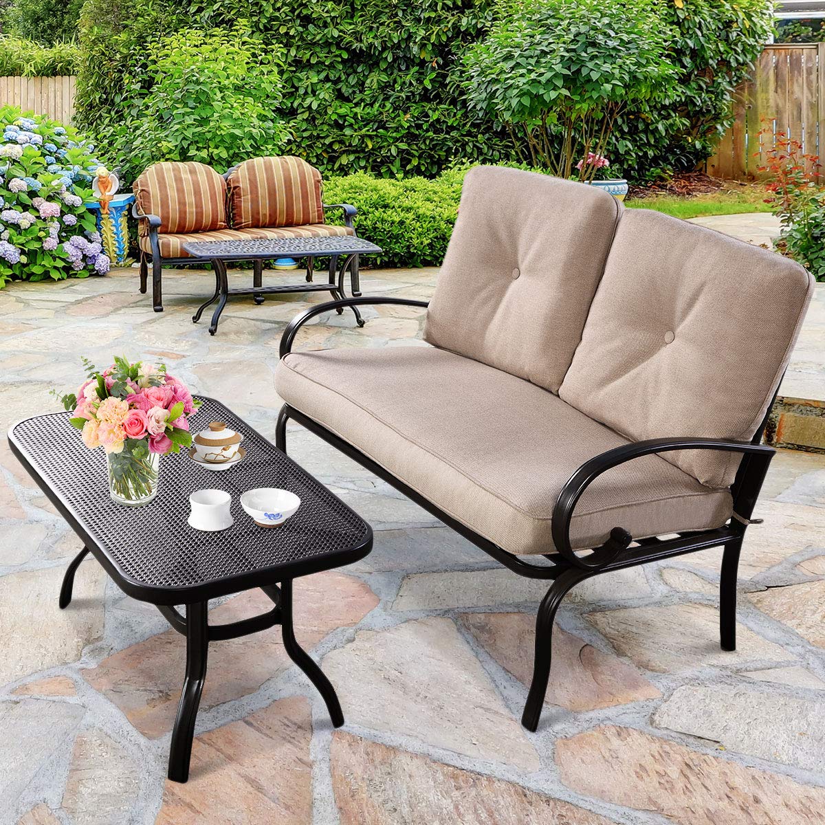 HAPPYGRILL 2-Piece Outdoor Loveseat Set with Coffee Table - Patio Garden Bench Sofa with Cushions for Backyard, Poolside & Balcony Relaxation