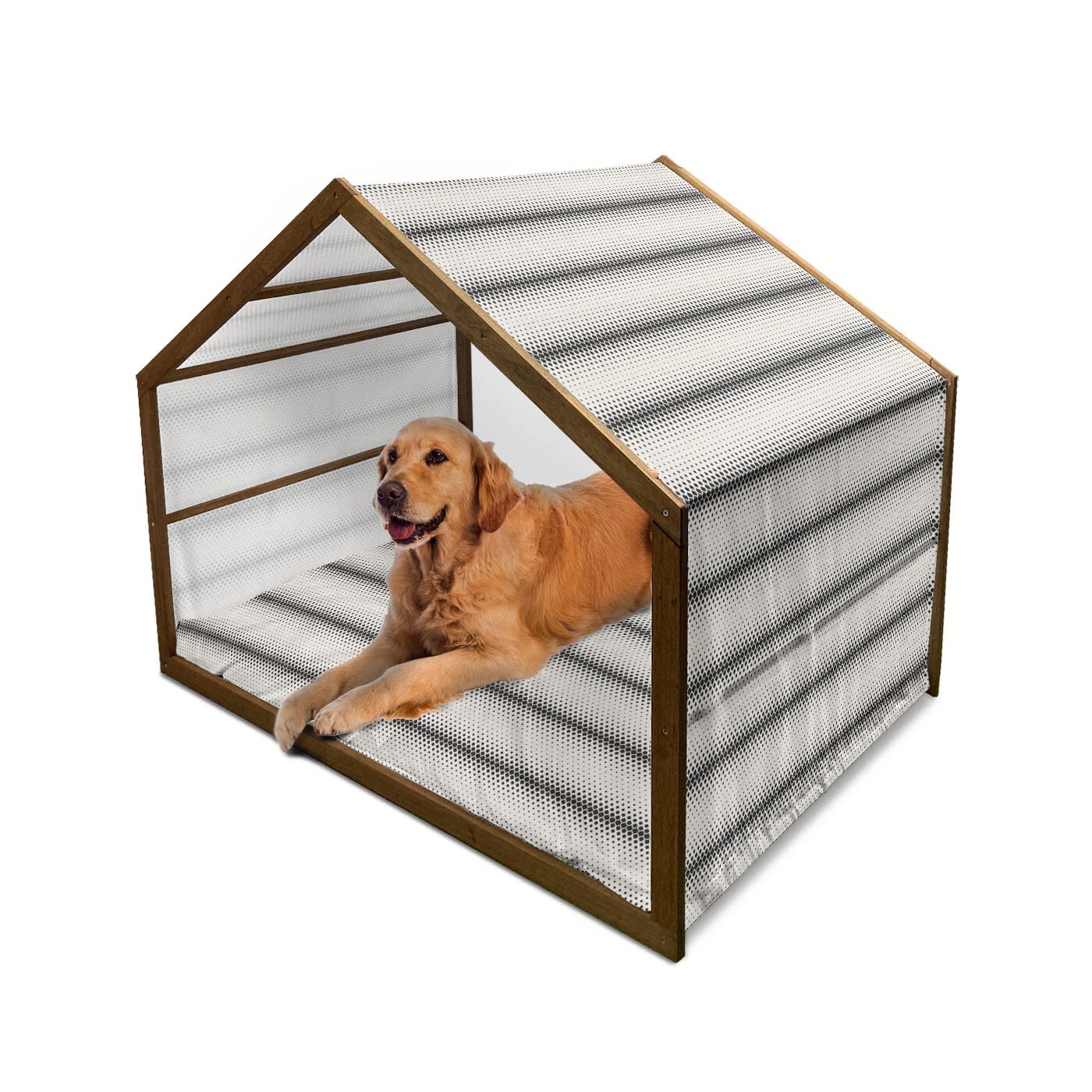 Ambesonne Damask Wooden Dog House - Classic Antique Victorian Style with Modern Print, Indoor & Outdoor Portable Pet Kennel with Pillow & Cover, X-Large Size, Black & White - Perfect for Backyard, Patio, or Home Decor