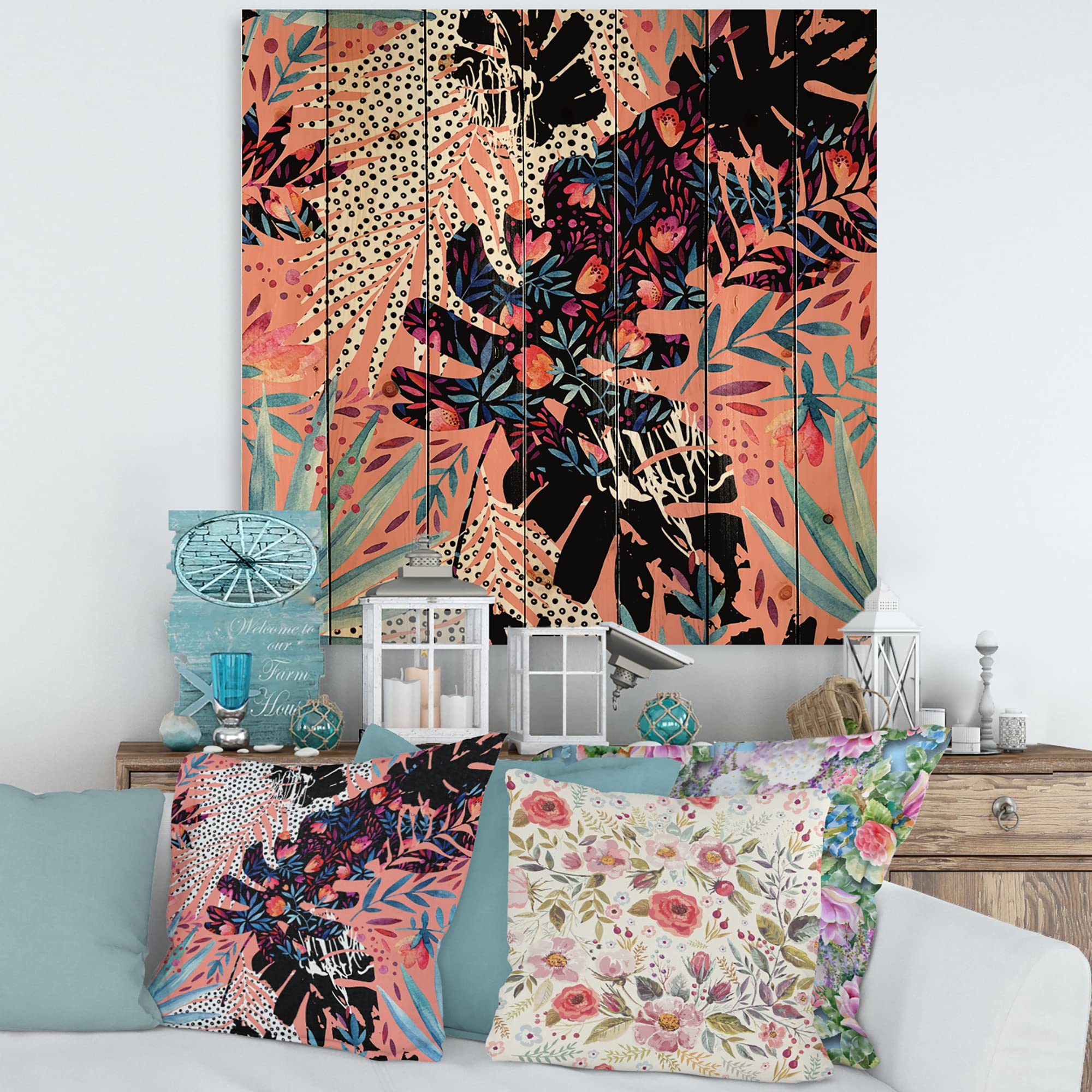DesignQ Tropical Floral Patchwork Wood Wall Decor - Black Wood Art Panel with Large Floral Print on Natural Pine - Perfect for Living Room, Bedroom & Boho Home Decor