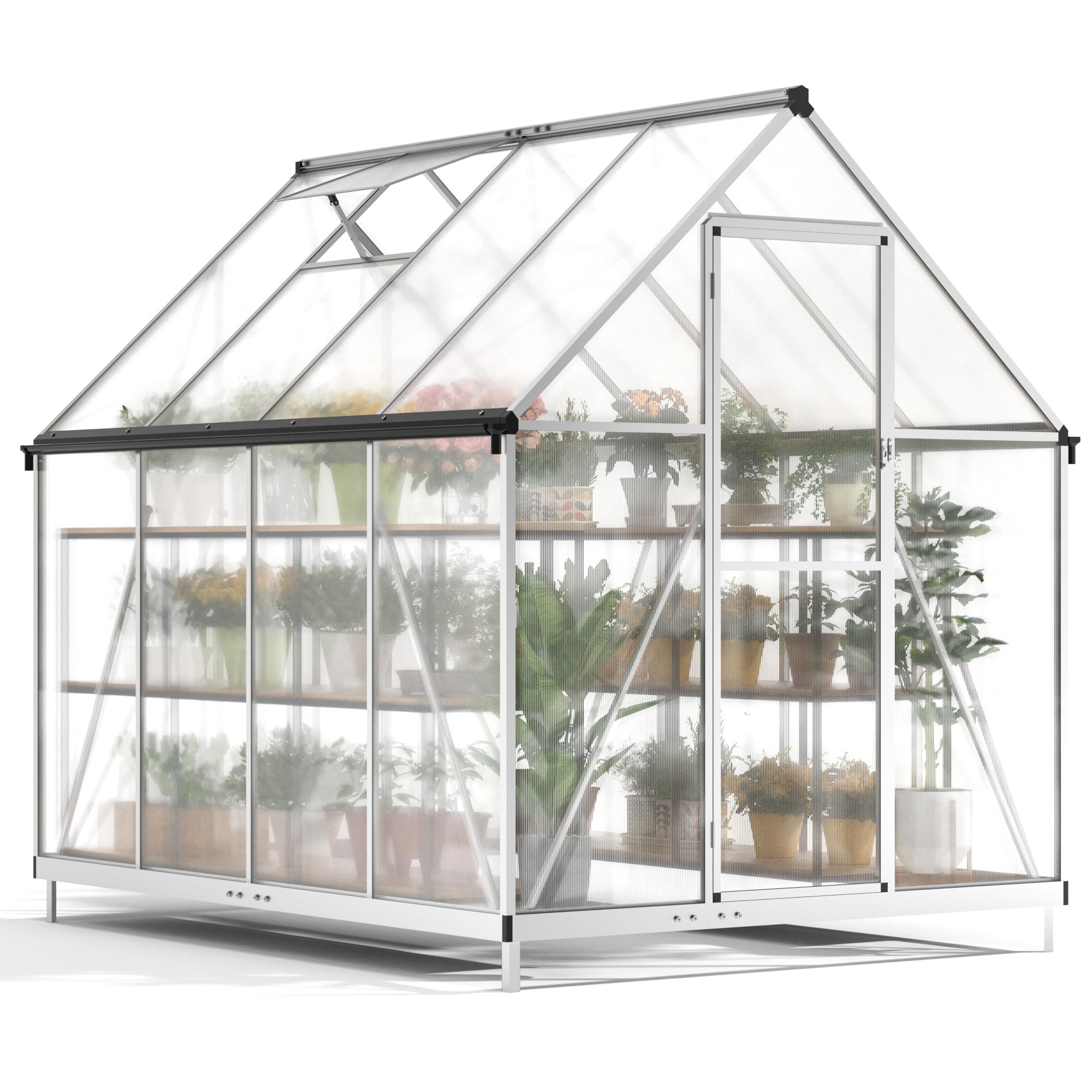 6x8 FT Polycarbonate Greenhouse for Outdoors - Quick Assembly Aluminum Walk-in Greenhouse with Roof Vent | Durable Garden Greenhouse for Backyard, Patio & Plant Nursery (Silver)