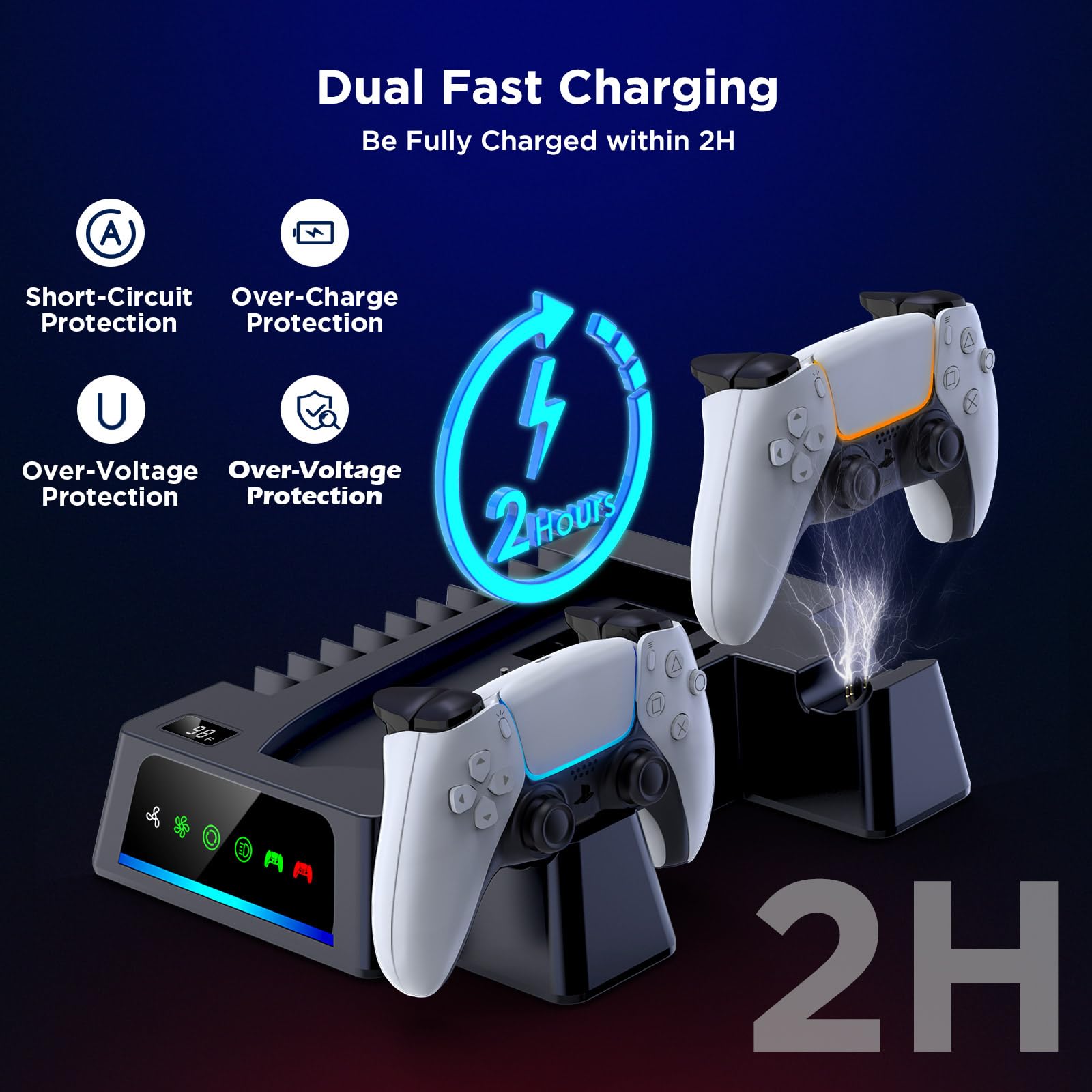 YOGES PS5 Slim Cooling Station with Temperature Sensor & Dual Controller Charger - 2H Fast Charging Stand for PlayStation 5 Slim | Cooling Fan & Accessories (Black) - Perfect for Gaming Sessions & Controller Organization