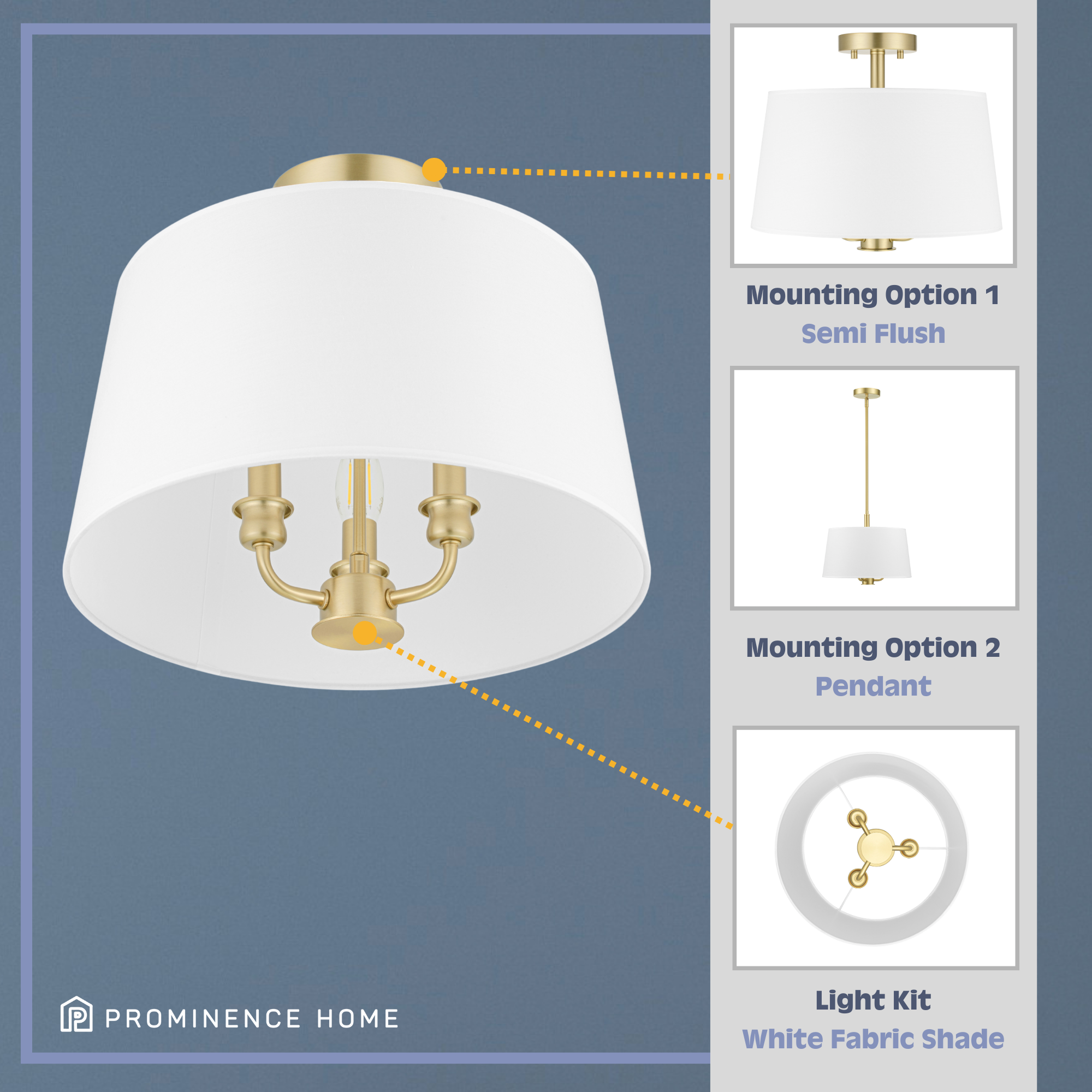 3-Light Billet Convertible Pendant/Semi-Flush Mount Ceiling Light - Brushed Gold Finish with Fabric Shades for Dining Room, Kitchen, or Bedroom Lighting