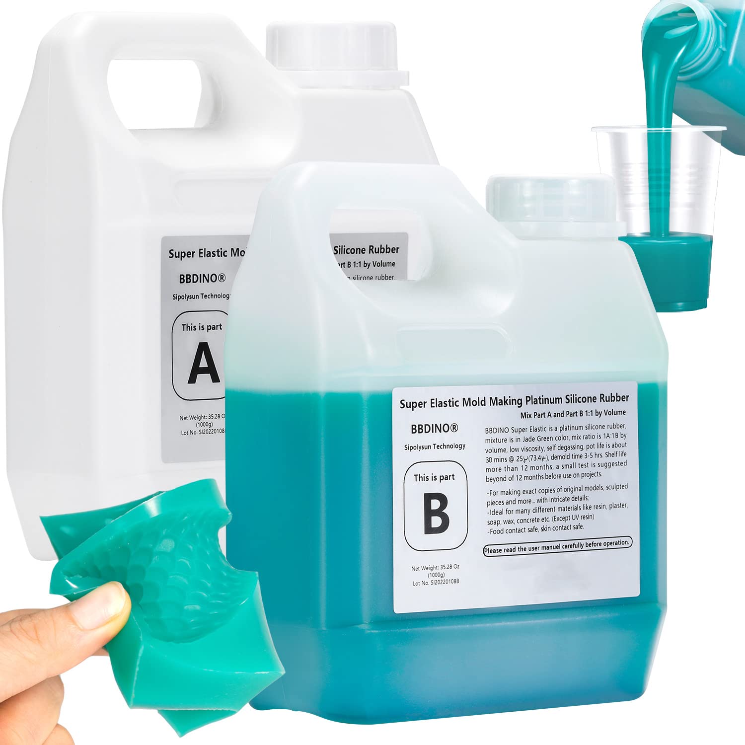 BBDINO 70.56 Oz Super Elastic Liquid Silicone Rubber Mold Making Kit - 1:1 Volume Ratio for DIY 3D Resin Casting, Jewelry, Soap & Candle Molds - Jade Green Food Safe Silicone for Arts & Crafts Projects