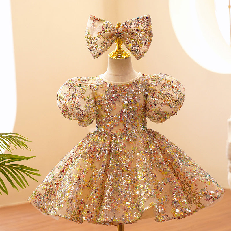 Sparkly Gold Sequined Flower Girl Dress with Puff Sleeves - Perfect for Weddings, Pageants & Special Occasions