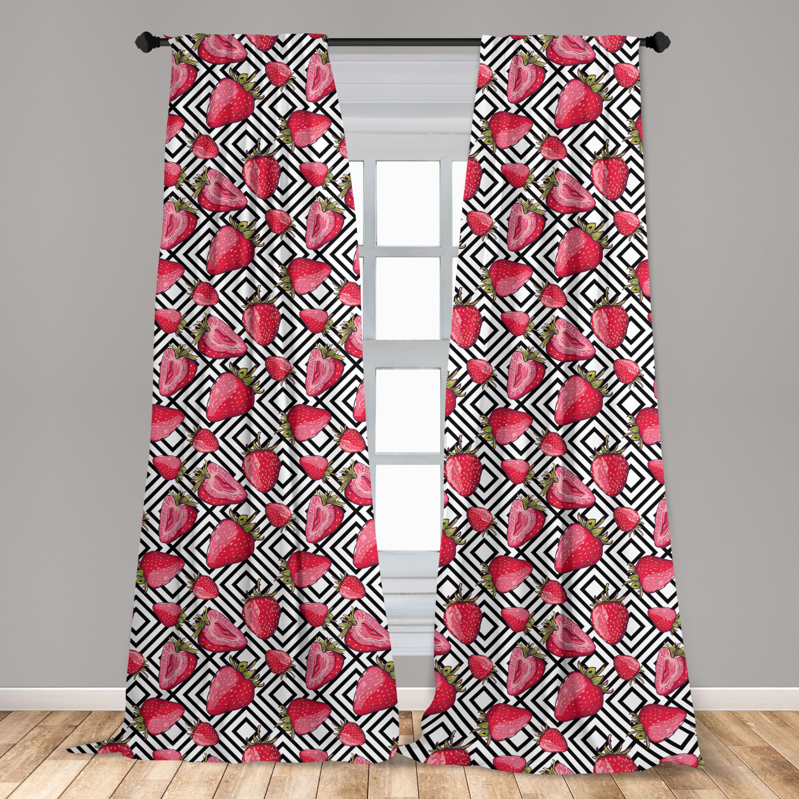 Ambesonne Fruit Print Curtains - Black & White Chevron Striped Strawberry Design, 28x95 Inch 2 Panel Set for Living Room & Bedroom | Juicy Feminine Decor | Perfect for Kitchen, Dining Room or Farmhouse Style Windows